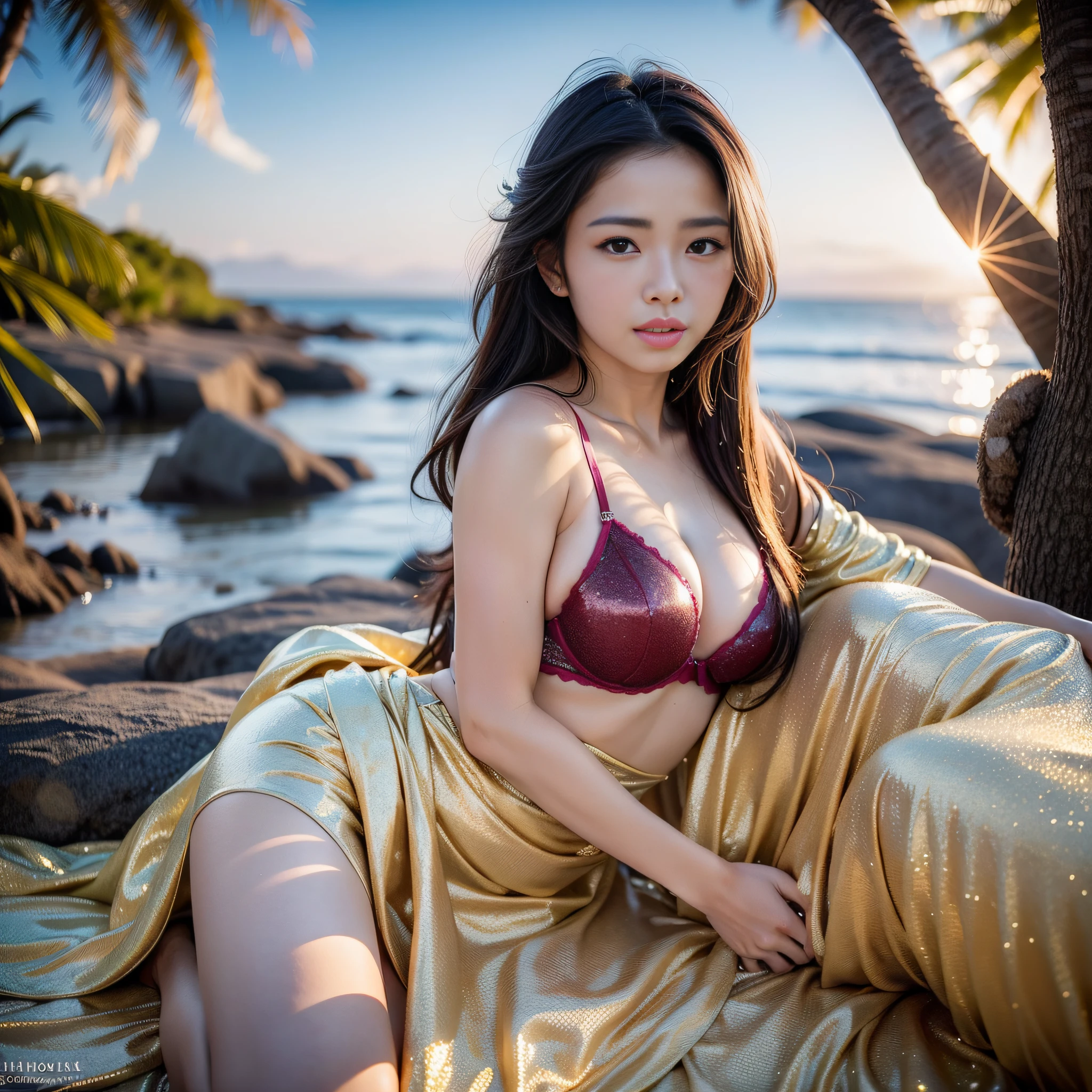 In the scorching heat of midsummer, women seek rest on the sparkling shores of the beach. The relentless sun shines high in the sky, casting an intense glow that shines over a coastal paradise. The bright blue sea spreads out before your eyes, inviting you to indulge in a refreshing embrace. Masterpiece Top Quality Ultra High Resolution 8K (Photorealistic Photos: 1.4) ((1 girl)) (Very Beautiful Japan Girl: 1.5) (Japan Idol: 1.1) (Japan Famous Actress: 1.5) (Bra Details: 1.7) (Glitter skin: 1.2) Skin dent makeup (Beautiful breasts: 1.1) Lustrous skin Glossy hair Cute young dynamic angle (Detailed background) Complex background