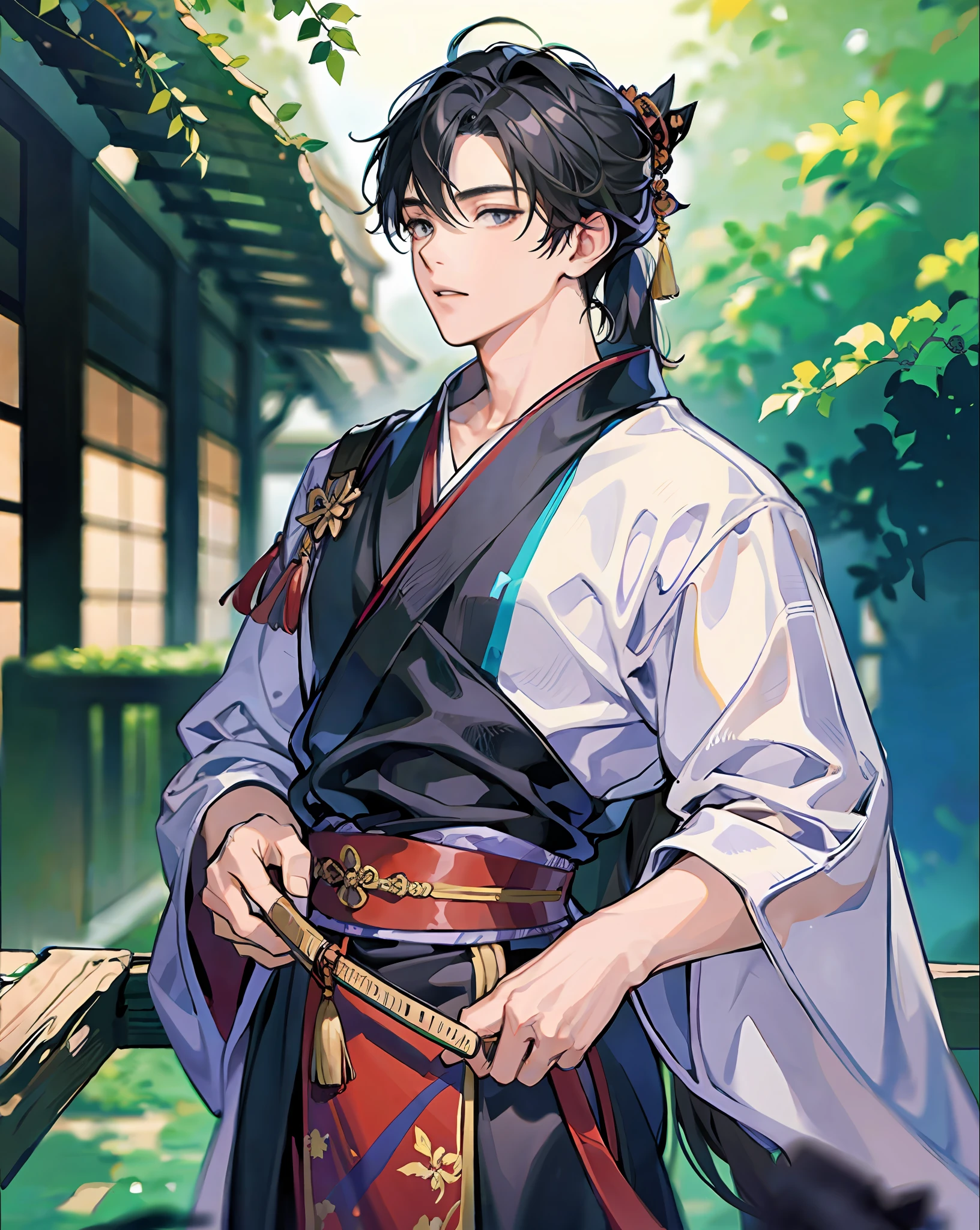 ((Masterpiece: 1.2, best quality)), 1 person, kimono, handsome, thin muscles, samurai, beautiful skin