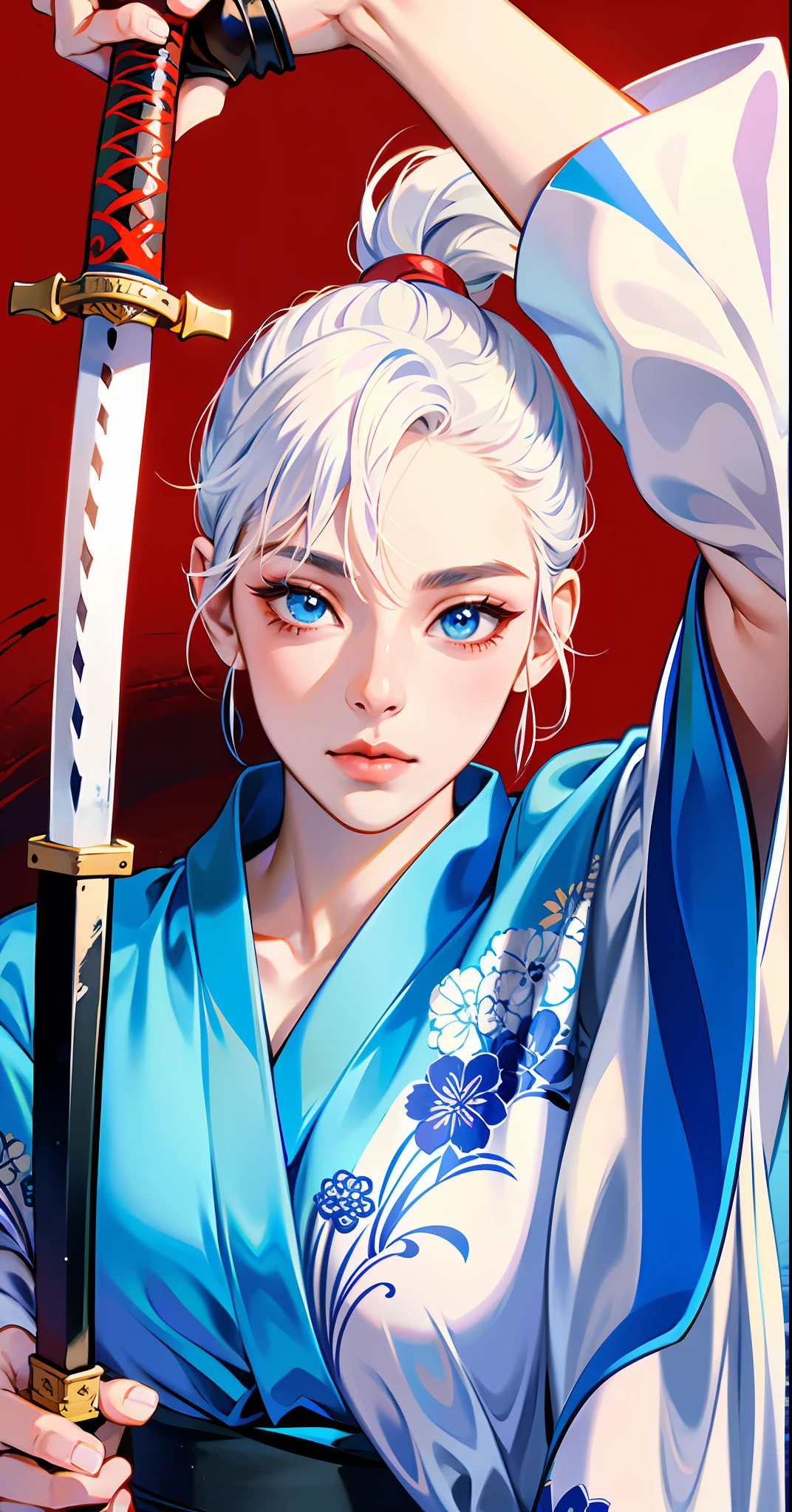 Anime girl with a sword in her hand and a red background - SeaArt AI