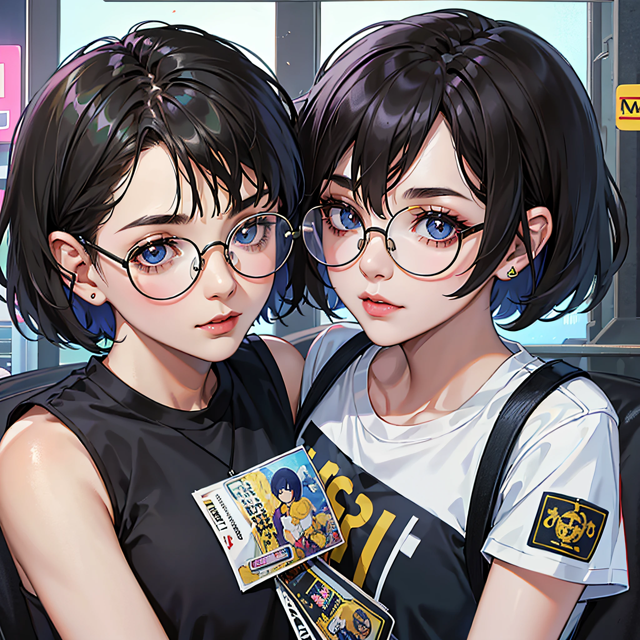 1 Girl, Solo, Black Hair, Short Hair, Straight Face, Medium, T-Shirt, Streetwear, Masterpiece, Top Quality, Three-headed, Witch, Round Glasses, Women, Cute, POP, Lilith, Toon, Chara, Bob Hair, Simple Composition, American Taste, Children's, Anime, Sauce Eyes, Pop --auto --s2