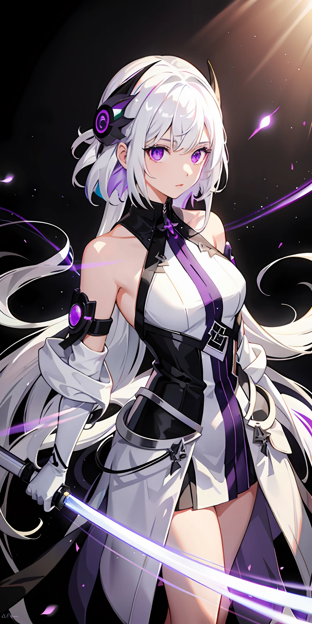 1girl, white hair, multicolored hair, purple eyes, mask on head, side light, light particles, wallpaper, nude