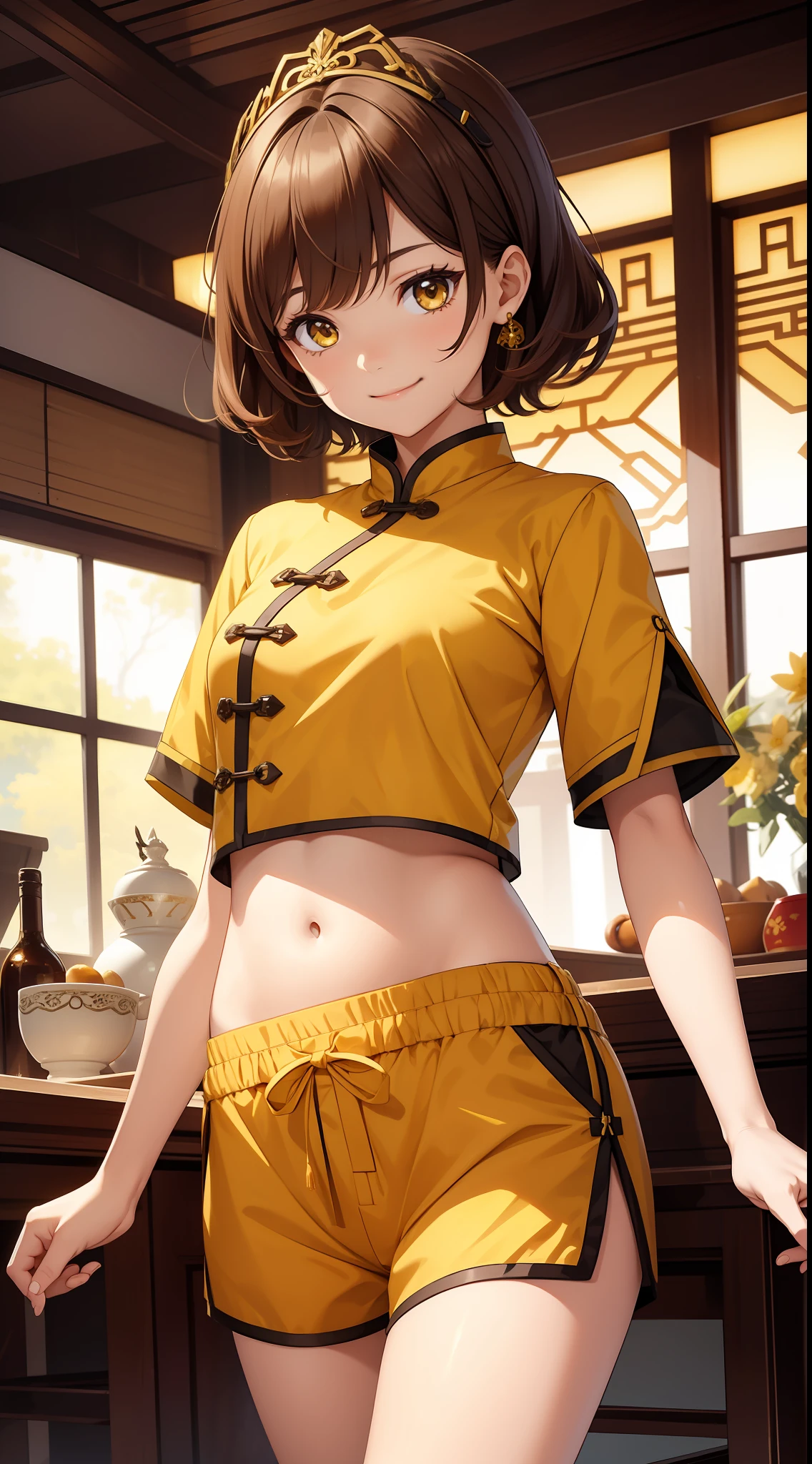 Young girl, short brown hair, yellow eyes, brown Chinese clothes, shorts, smile, masterpiece, high quality, open belly