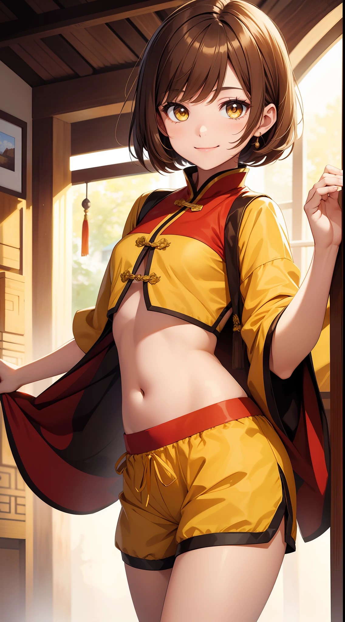 Young girl, short brown hair, yellow eyes, brown Chinese clothes, shorts, smile, masterpiece, high quality, open belly