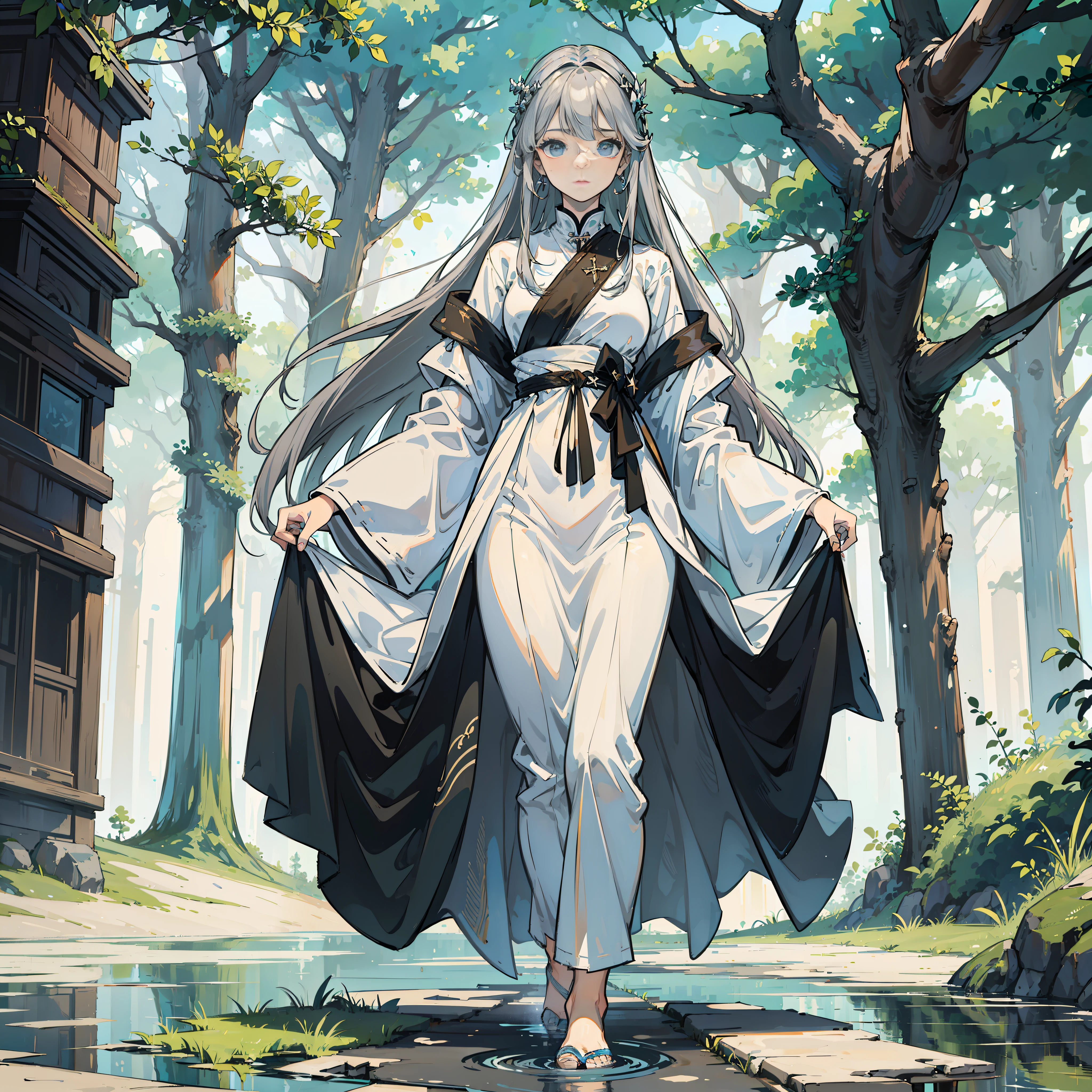 ((masterpiece)),(((best quality)))),woman, beautiful, silver-haired, long-haired, sacred, mysterious, walking on water, in the forest, alone,