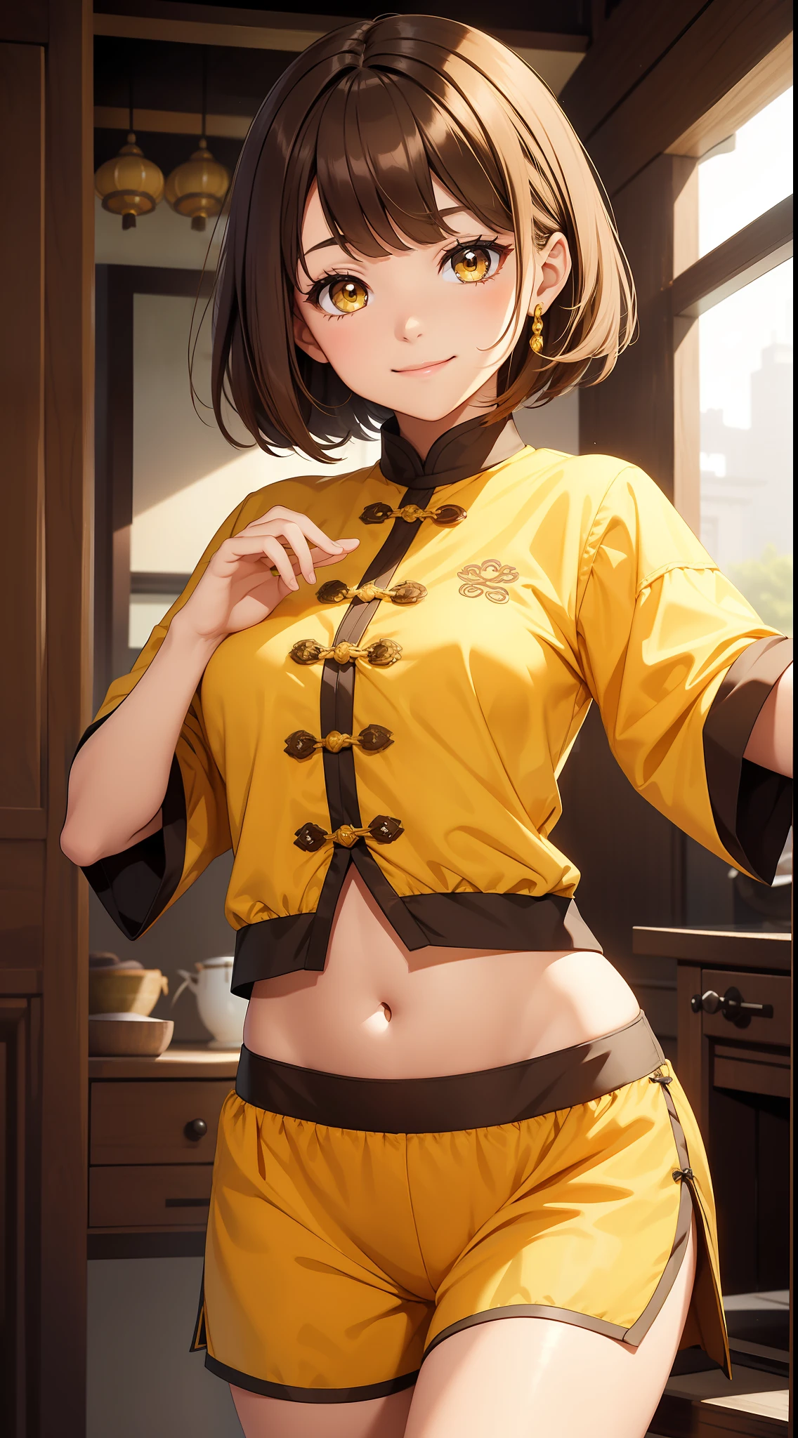 Young girl, short brown hair, yellow eyes, brown Chinese clothes, shorts, smile, masterpiece, high quality, open belly