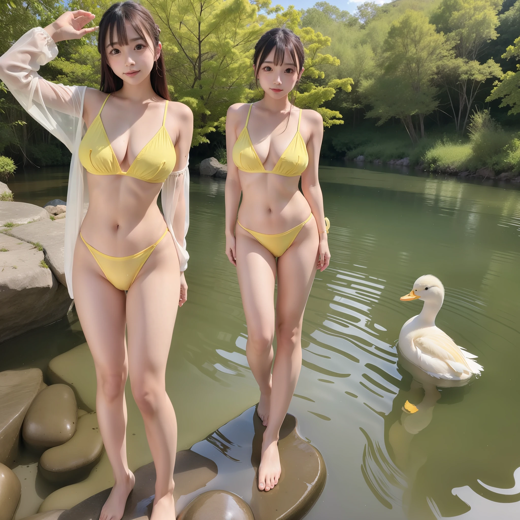 realistic photos, realistic, beautiful lake, flat chest, young, 20 years old, full body, famous japanese actor, transparent costume, transparent white, yellow duck,