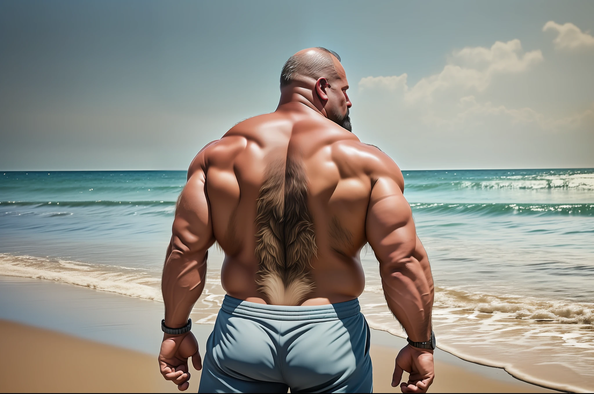 A portrait full body photograph mid age man heavy bald Strong, muscular, bodybuilder, (((showing very hairy pubis))), standing at the beach completely natural, back view, hairy back, epic realistic, photo, faded, neutral colors, ((((hdr)))), muted colors, intricate scene, artstation, intricate details, vignette --auto --s2