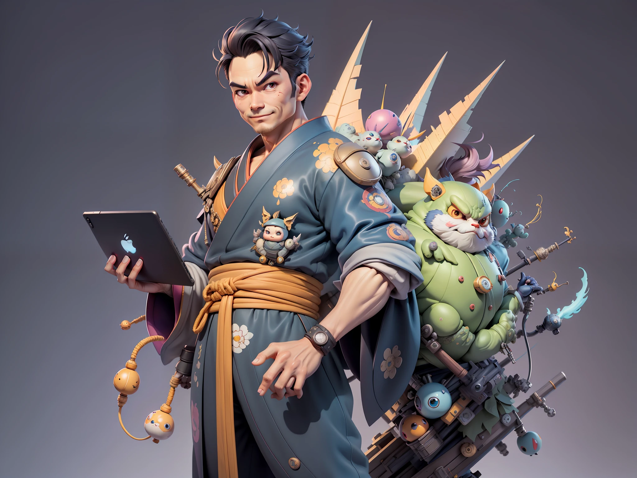 (Masterpiece), (Excellent), (Super Detailed), (Full Body: 1.2), Super Young Man, Oriental Face, Japanese Kimono, Japanese Wind and Thunder, Dragon, TV Anchor, Bust Portrait Illustration, Alone, Black Suit, Blue Tie, Slightly Chubby Face, Very Clean Face, No Beard, Black Super Short Hair, Black Eyes, Confident Smile, 3c Computer Sub-Products, iPad, iPhone, Digital Painting, 3D Character Design by Akira Toriyama and Mark Claireden and Pixar and Hayao Miyazaki, The illustration is a high-definition illustration in 4K resolution with very detailed facial features and cartoon-style visuals.