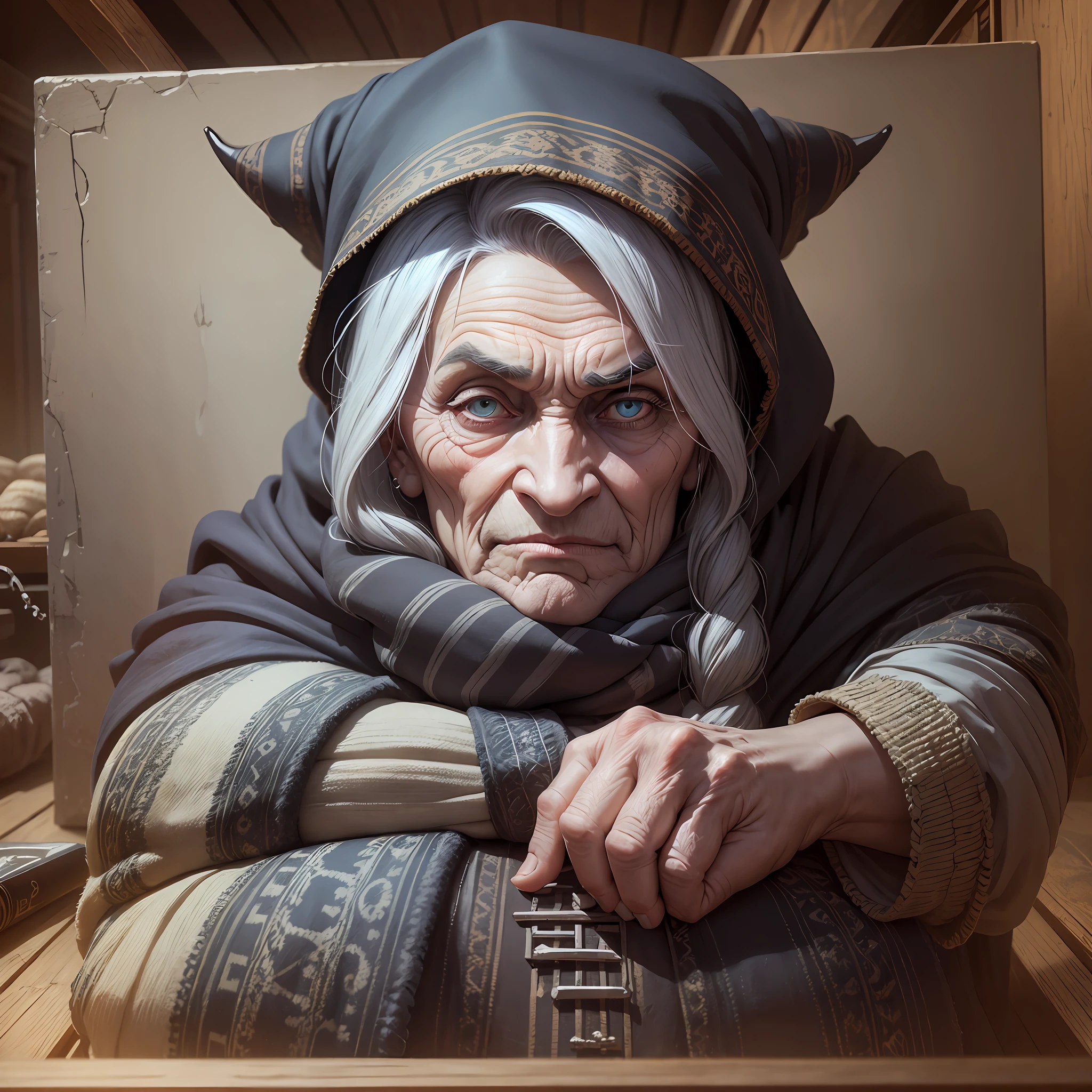 Computer graphics, three-dimensional drawing, gloomy shadows, Akaarel, Murad Osman, Damon Hellenbrand, drawing, ultradetalized portrait, realistic fantasy, cgsociety, neal adams, witch, terrible, Baba Yaga is usually depicted as a large hunchbacked old woman with gray eyes, penetrating unkind look, a large, long, hunchbacked and hooked nose, a powerful hairy chin, Sometimes they say about her "nose has grown into the ceiling." But what this means is not entirely clear, but it may indicate her connection with the underworld, dressed in an old gray cloak, an old scarf wrapped around her head, bast shoes, a troll's mestizo, a detailed landscape of an old room, a bunch of fabrics, a dilapidated home design, a portrait, a close-up --auto --s2