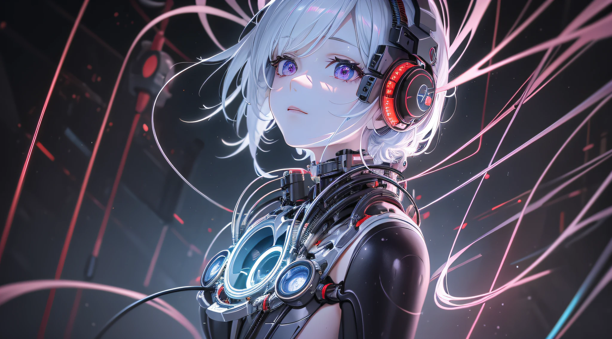 A scientist and an AI [ (masterpiece, superior quality, best quality, official art, beautiful and aesthetic: 1.2), (1girl: 1.3), looking at the viewer, extremely detailed, colorful, more detailed ((ultra-detailed)), (highly detailed CG illustration), ((an extremely delicate and beautiful)),(sideways),cinematic light,((1mechanical girl)),solo,whole body,(machine-made joints:1.2),((mechanical limbs)),(blood vessels connected to tubes),  (mechanical vertebra attached to the back),((mechanical cervial attached to the neck)),(sitting),expressionless,(wires and cables attached to the neck:1.2),(wires and cables in the head:1.2)(focus on the character),science fiction, (blood: 1,5),] collaborating in a futuristic laboratory, surrounded by advanced technology and holographic displays, working together to unravel the mysteries of the universe. The scientist wears a white lab coat and has a look of emotion and wonder on his face, while the AI is represented as a sophisticated, translucent entity with intricate circuit patterns glowing with vibrant colors.