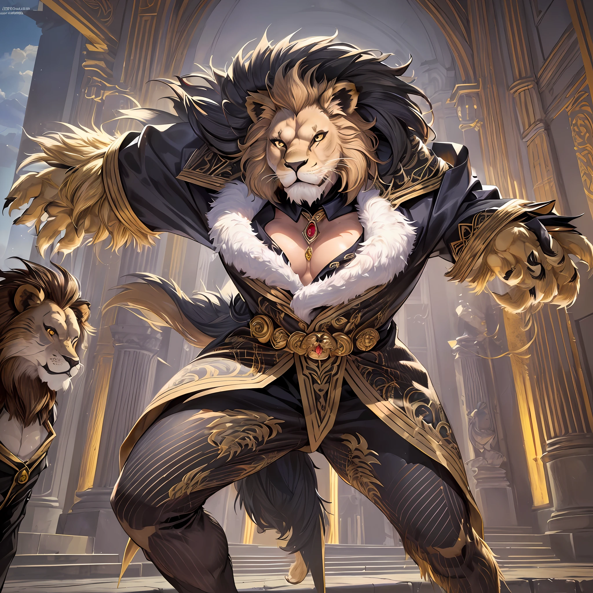 Top quality ultra-fine illustrations, Reality and vitality, Expression of dense muscles, Coats that skillfully reflect light, dynamism, energy, elegance, Luxury, Harmony with space, Passionate expressiveness(classic concert, opera house, Backlighting)(beautiful face and eyes with great detail)absurdres perfect anatomy((Beastman))(Furry, tuxedo)(furry anthro:1.7)(((furry body, Facial features of lion, Features of the lion body)))(((muzzle of the lion very detailed fur)))full body, fighting pose, Invincible smile(portrait),