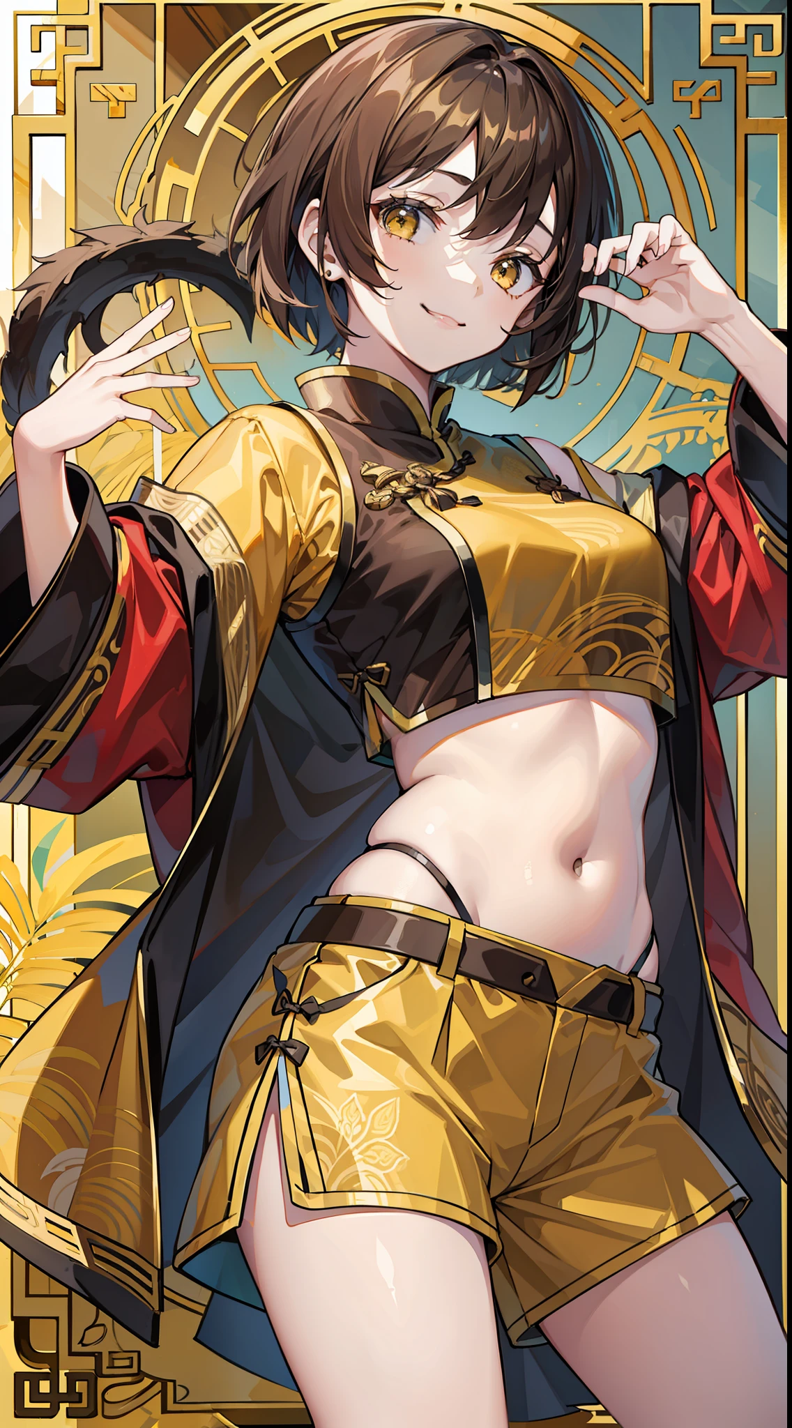 Young girl, short brown hair, yellow eyes, brown Chinese clothes, shorts, smile, masterpiece, high quality, open belly
