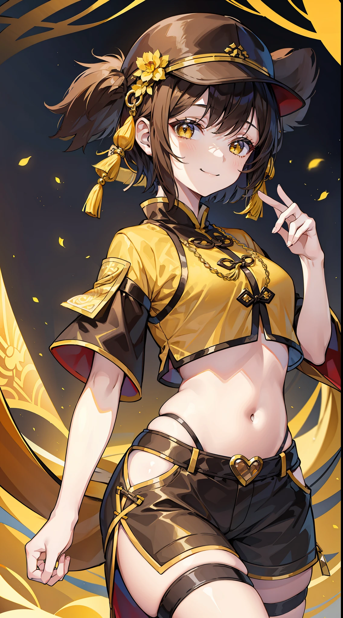 Young girl, short brown hair, yellow eyes, brown Chinese clothes, shorts, smile, masterpiece, high quality, open belly