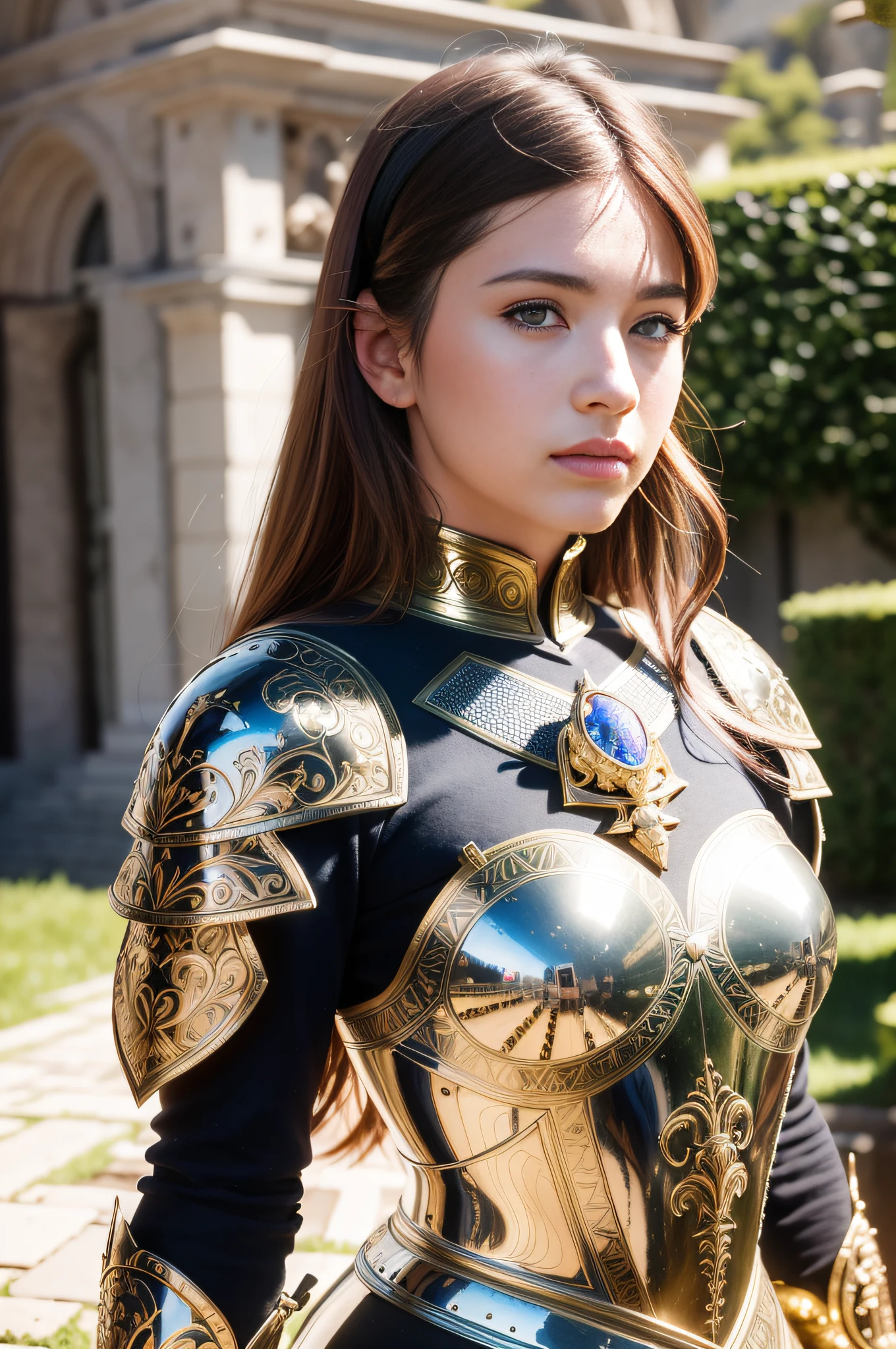 (masterpiece), (extremely intricate:1.3), (realistic), portrait of a girl, the most beautiful in the world, (medieval armor), metal reflections, upper body, outdoors, intense sunlight, far away castle, professional photograph of a stunning woman detailed, sharp focus, dramatic, award winning, cinematic lighting, octane render, unreal engine, volumetrics dtx