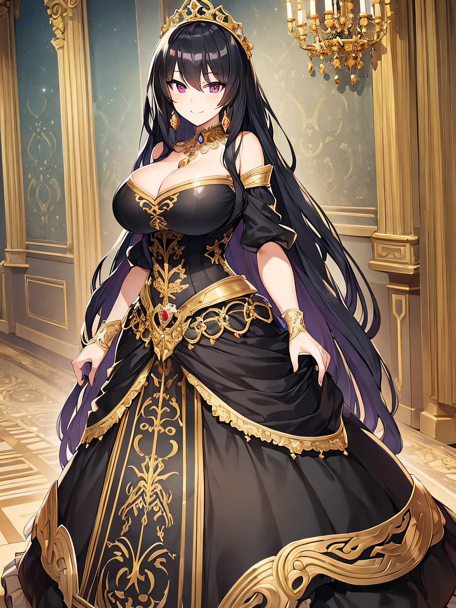 ((anime moe artstyle)),(Masterpiece), (Best Quality), (Super Detail), Illustration, (((Very Delicate and Beautiful))),Dynamic Angle,Looking at viewer,((((Solo)))),(((Full body))),(((1 arrogant cute empress in black ball gown))),(standing),dominant pose,(arrogant),((haughty smile)),Purple eyes,(Sharp eyes),Detailed Face, Long Eyelashes,Jet Black Hair,Straight Hair,((Very Long Hair)),Bangs between eyes,((((gigantic breasts)))),cleavage,((skindentation)),curvy,off shoulder,See-through,(gorgeous embroidered black and gold rococo ball gown),(fluffy rococo ball gown with gorgeous embroidery),(((hoop skirt))),long skirt,corset,crinoline,ultra long gloves,Beautifully Gorgeous jeweled big tiara,Beautifully Gorgeous gem earrings,Beautifully Gorgeous jeweled necklace,Beautifully Gorgeous jeweled ornaments,indoor,light particles,royal ballroom,