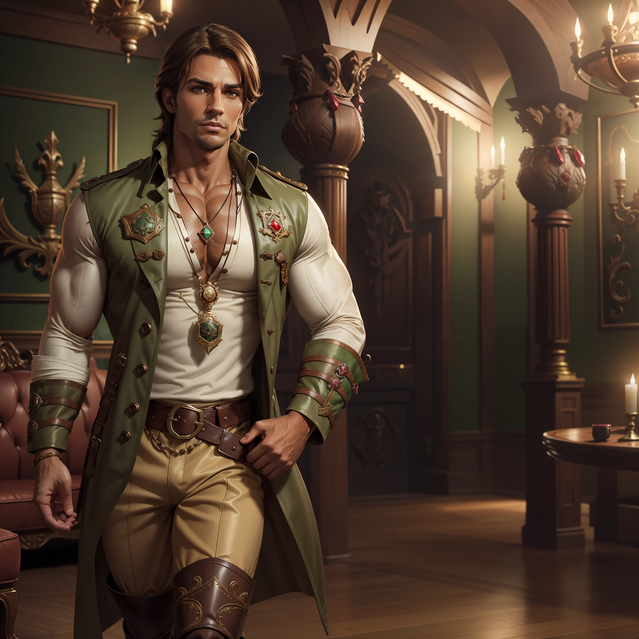 Portrait of 1man, muscular, Caucasian, tanned skin, brown hair, brown pointed, brown eyes, wearing belt, (wearing buff breeches, white pirate shirt, tall black boots, buff trench coat:1.1), (wearing ruby amulet:1.1), (in ornate green palace room), bokeh, raytracing, realistic textured skin, particle effects, depth of field