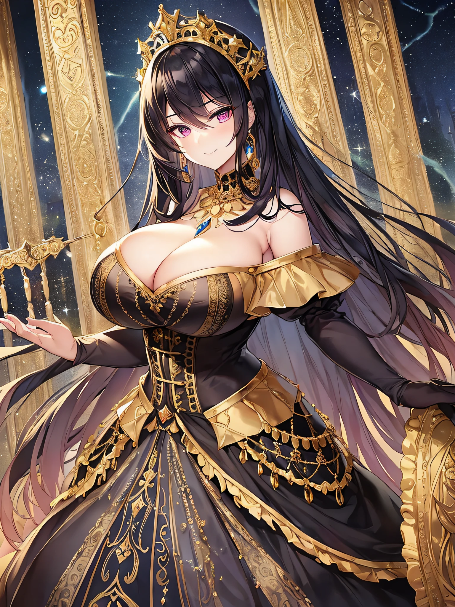 ((anime moe artstyle)),(Masterpiece), (Best Quality), (Super Detail), Illustration, (((Very Delicate and Beautiful))),Dynamic Angle,Looking at viewer,((((Solo)))),(((Full body))),(((1 arrogant cute empress in black ball gown))),(standing),dominant pose,(arrogant),((haughty smile)),Purple eyes,(Sharp eyes),Detailed Face, Long Eyelashes,Jet Black Hair,Straight Hair,((Very Long Hair)),Bangs between eyes,((((gigantic breasts)))),cleavage,((skindentation)),curvy,off shoulder,See-through,(gorgeous embroidered black and gold rococo ball gown),(fluffy rococo ball gown with gorgeous embroidery),(((hoop skirt))),long skirt,corset,crinoline,ultra long gloves,Beautifully Gorgeous jeweled big tiara,Beautifully Gorgeous gem earrings,Beautifully Gorgeous jeweled necklace,Beautifully Gorgeous jeweled ornaments,indoor,light particles,royal ballroom,