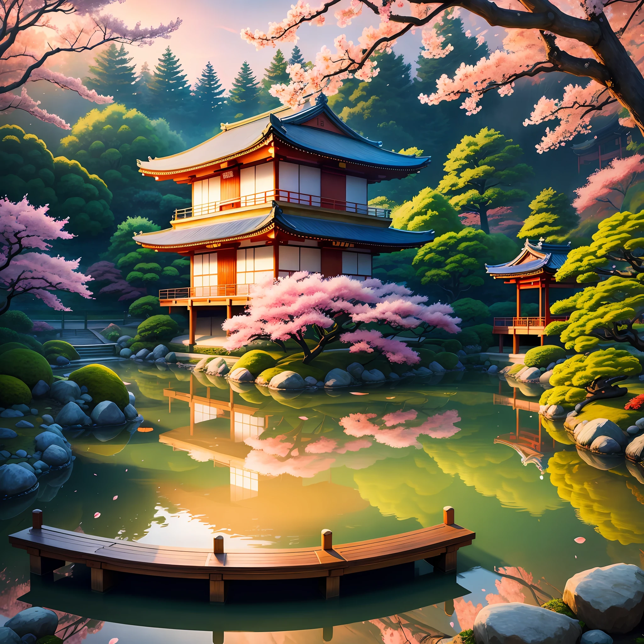 (digital painting),(best quality), serene Japanese garden, cherry blossoms in full bloom, koi pond, footbridge, pagoda, Ukiyo-e art style, Hokusai inspiration, Deviant Art popular, 8k ultra-realistic, pastel color scheme, soft lighting, golden hour, tranquil atmosphere, landscape orientation