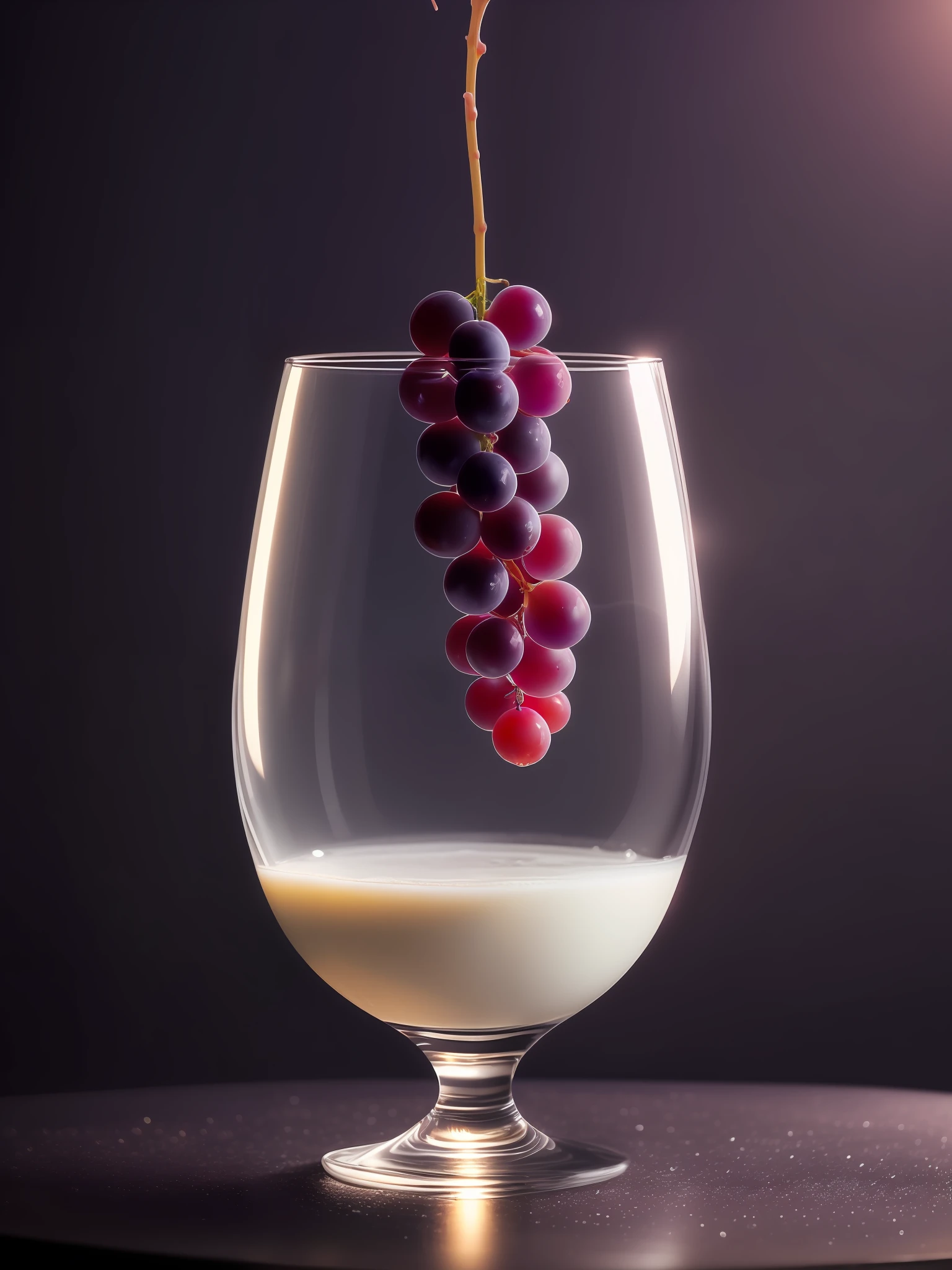 product photography of a grape falling into a glass of milk, intricate, epic, highly detailed, vibrant, food photography, epic rendering, octane, highlight lights, (backlighting: 1.3), (cinematics: 1.3), complex details, (ArtStation: 1.3)