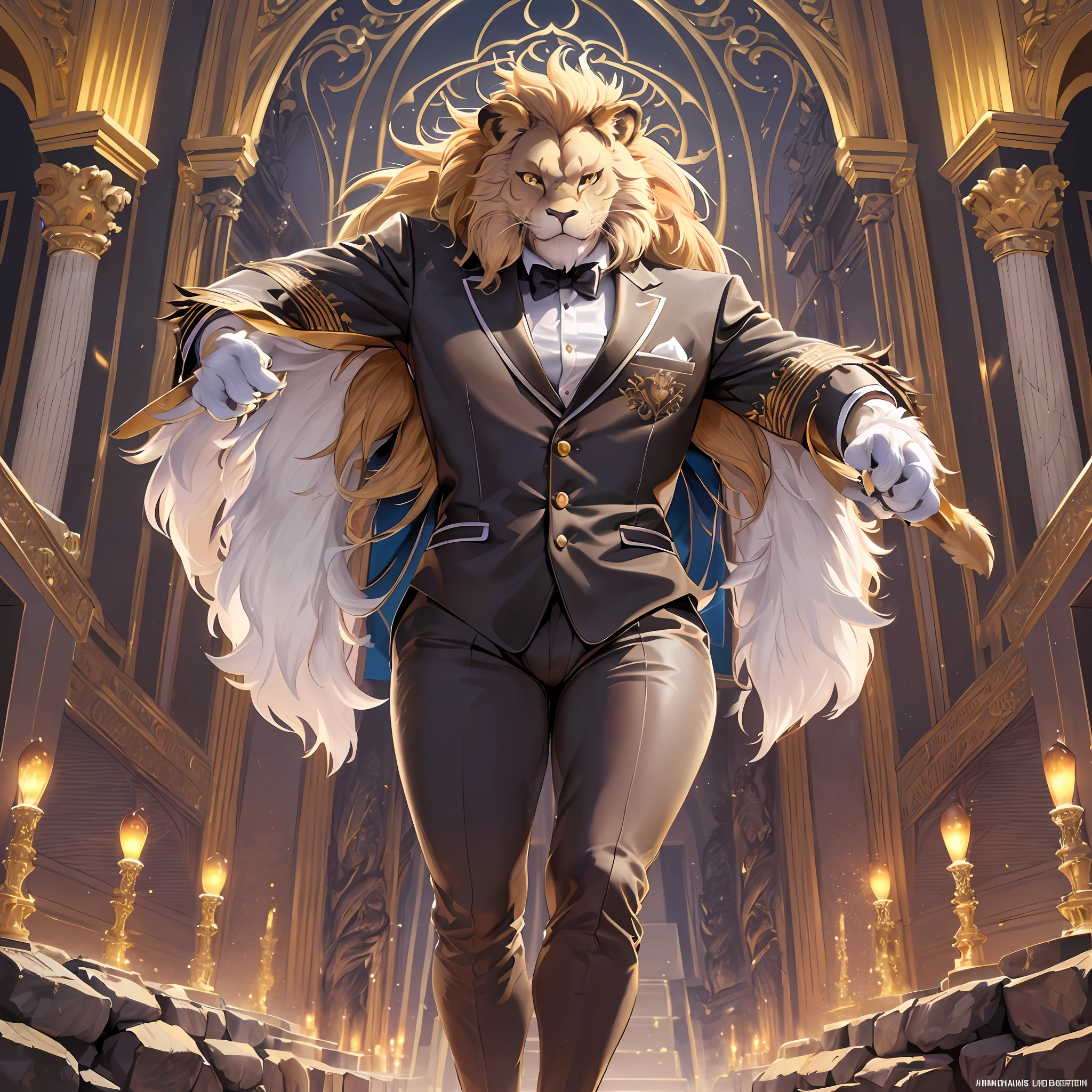 Top quality ultra-fine illustrations, Reality and vitality, Expression of dense muscles, Coats that skillfully reflect light, dynamism, energy, elegance, Luxury, Harmony with space, Passionate expressiveness(classic concert, opera house, Backlighting)(beautiful face and eyes with great detail)absurdres perfect anatomy((Beastman))(Furry, tuxedo)(furry anthro:1.7)(((furry body, Facial features of lion, Features of the lion body)))(((muzzle of the lion very detailed fur)))full body, fighting pose, Invincible smile(portrait),