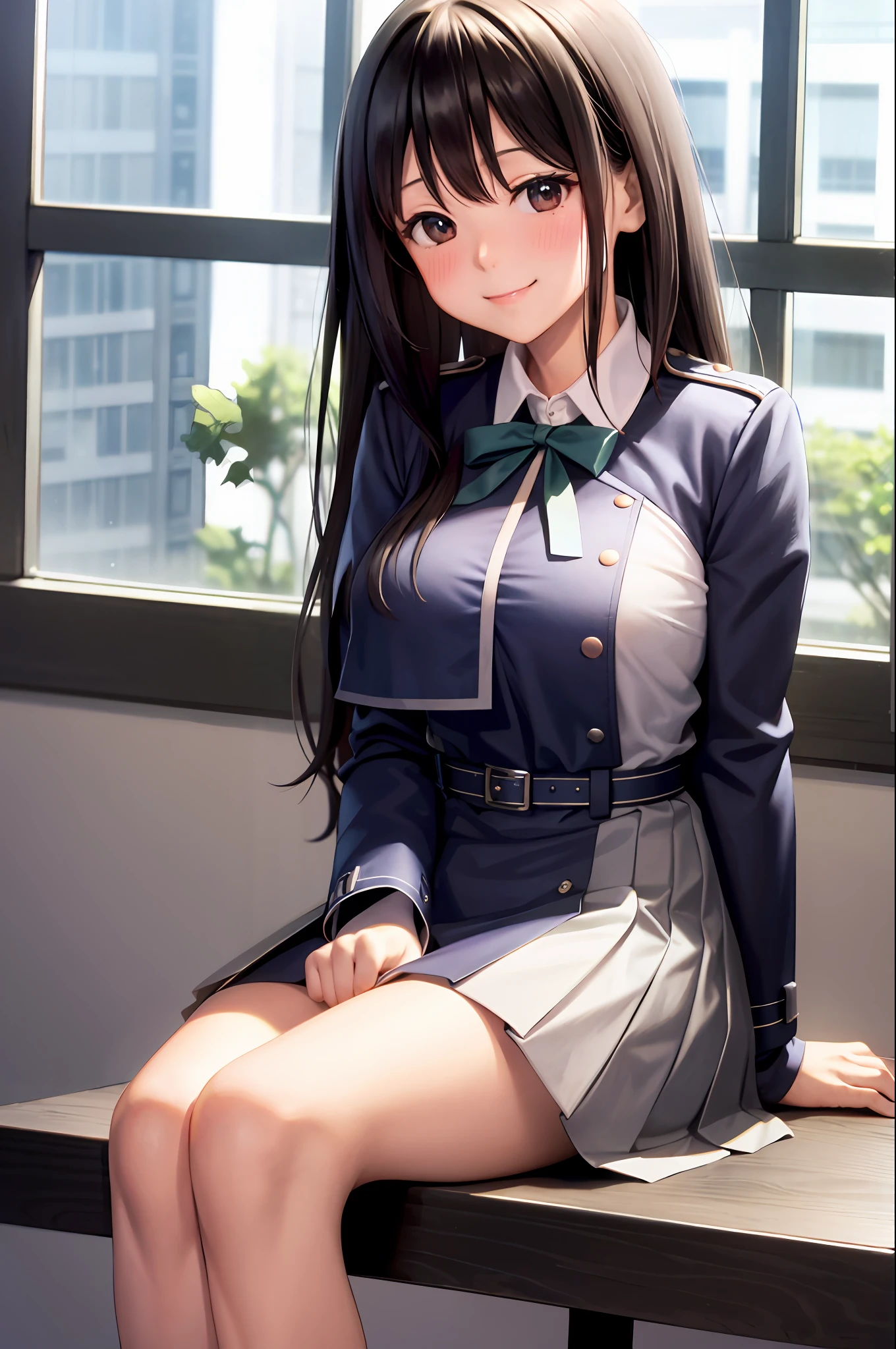 Takina inoue, masterpiece, best quality, 1 girls, solo, black long hair, white shirt, black pleated skirt, breast out, blush, shy, sexy pose, smile, indoor, classroom, chair, desk, window, sitting, hands behind,