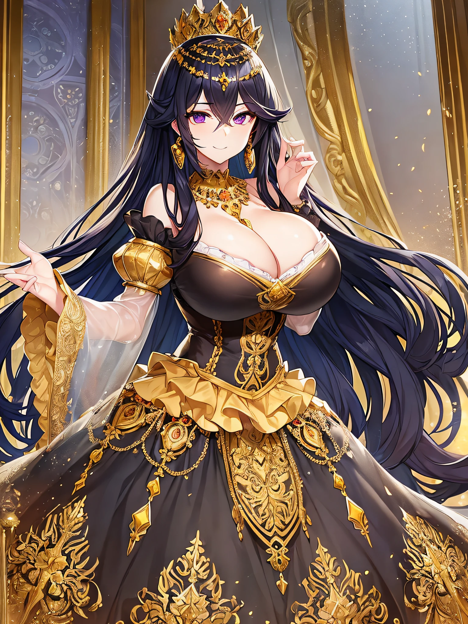 ((anime moe artstyle)),(Masterpiece), (Best Quality), (Super Detail), Illustration, (((Very Delicate and Beautiful))),Dynamic Angle,Looking at viewer,((((Solo)))),(((Full body))),(((1 arrogant cute empress in black ball gown))),(standing),dominant pose,(arrogant),((haughty smile)),Purple eyes,(Sharp eyes),Detailed Face, Long Eyelashes,Jet Black Hair,Straight Hair,((Very Long Hair)),Bangs between eyes,((((gigantic breasts)))),cleavage,((skindentation)),curvy,off shoulder,See-through,(gorgeous embroidered black and gold rococo ball gown),(fluffy rococo ball gown with gorgeous embroidery),(gold trim),(((hoop skirt))),long skirt,corset,crinoline,opera gloves,Beautifully Gorgeous jeweled big tiara,Beautifully Gorgeous gem earrings,Beautifully Gorgeous jeweled necklace,Beautifully Gorgeous jeweled ornaments,indoor,light particles,royal parace,