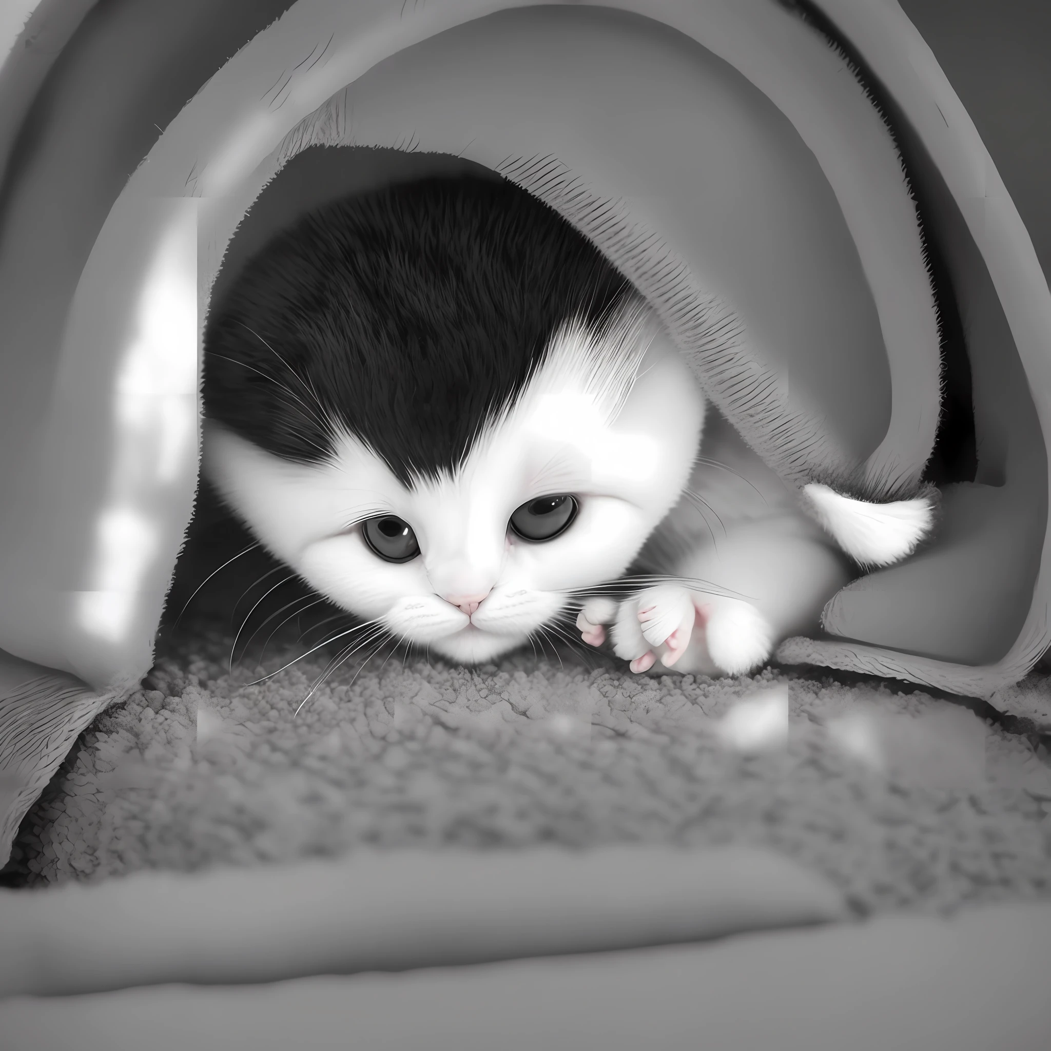 Black and white kitten. Sad under a bed --auto --s2