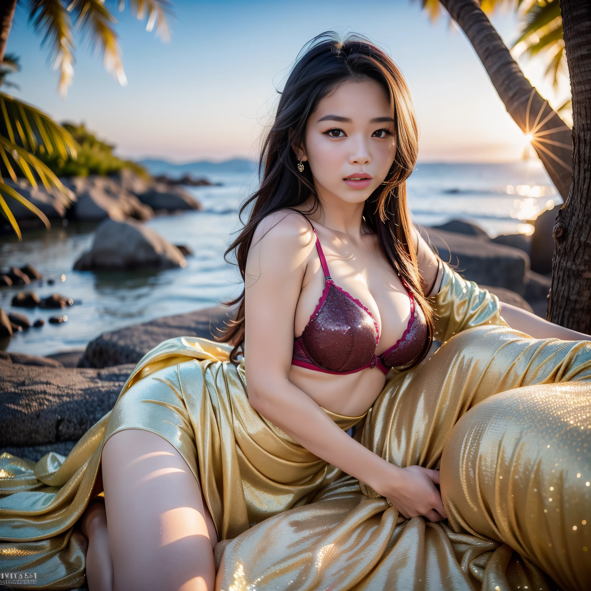 In the scorching heat of midsummer, women seek rest on the sparkling shores of the beach. The relentless sun shines high in the sky, casting an intense glow that shines over a coastal paradise. The bright blue sea spreads out before your eyes, inviting you to indulge in a refreshing embrace. Masterpiece Top Quality Ultra High Resolution 8K (Photorealistic Photos: 1.4) ((1 girl)) (Very Beautiful Japan Girl: 1.5) (Japan Idol: 1.1) (Japan Famous Actress: 1.5) (Bra Details: 1.7) (Glitter skin: 1.2) Skin dent makeup (Beautiful breasts: 1.1) Lustrous skin Glossy hair Cute young dynamic angle (Detailed background) Complex background