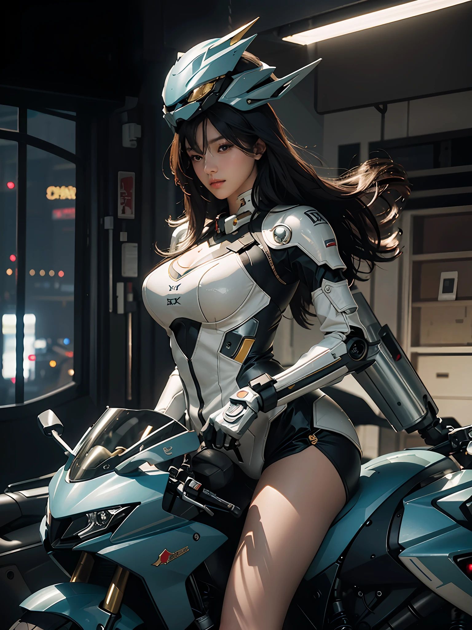 Highest image quality, outstanding details, super high resolution, (fidelity: 1.4), the best illustration, favor details, highly cohesive, 1girl, with a delicate and beautiful face, plump chest, sexy body, dressed in a gorgeous mecha, wearing a mecha helmet, holding a direction controller, riding on a motorcycle, the background is a high-tech lighting scene of the future city.