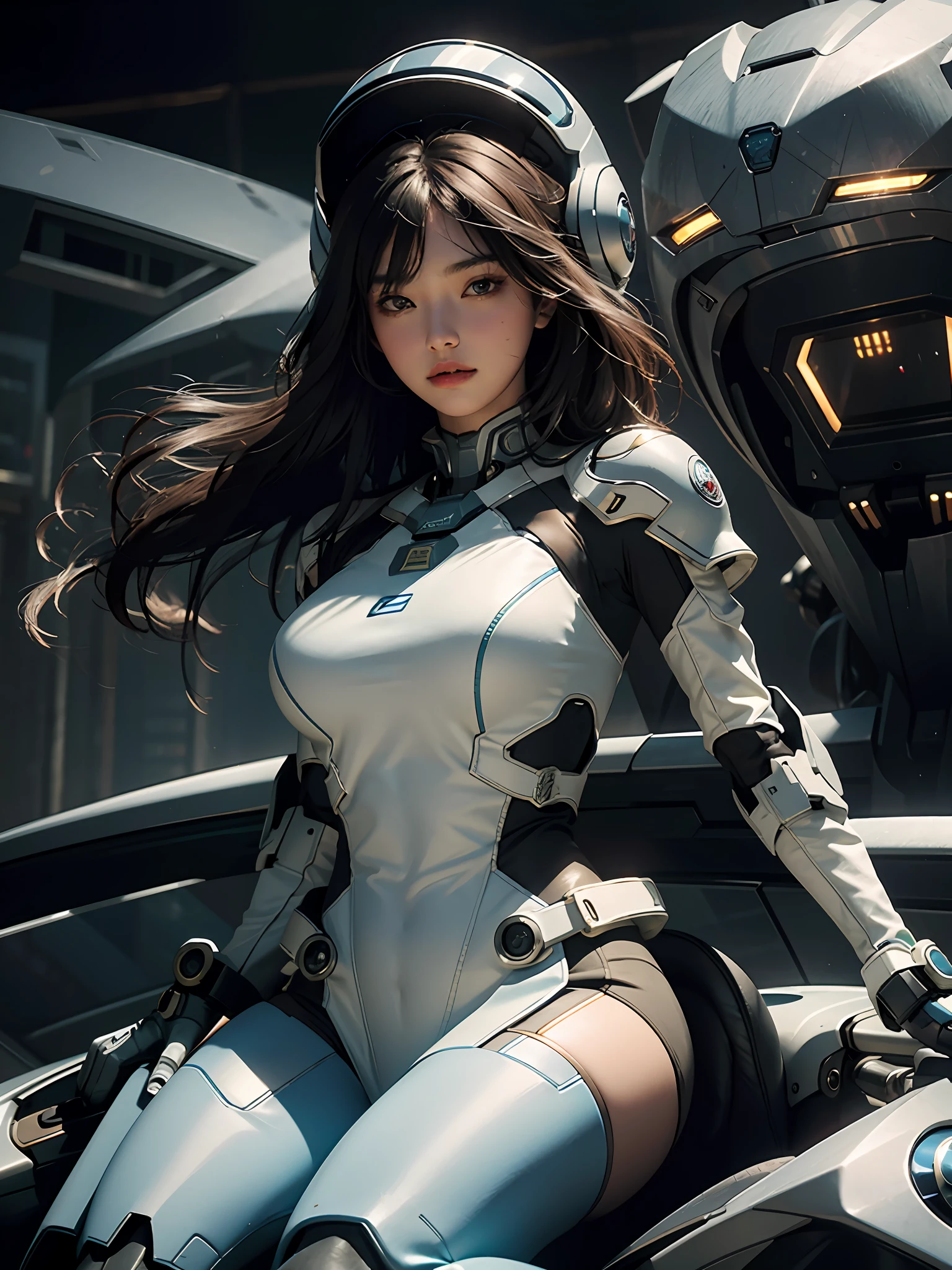 Highest image quality, outstanding details, super high resolution, (fidelity: 1.4), the best illustration, favor details, highly cohesive, 1girl, with a delicate and beautiful face, plump chest, sexy body, dressed in a gorgeous mecha, wearing a mecha helmet, holding a direction controller, riding on a motorcycle, the background is a high-tech lighting scene of the future city.