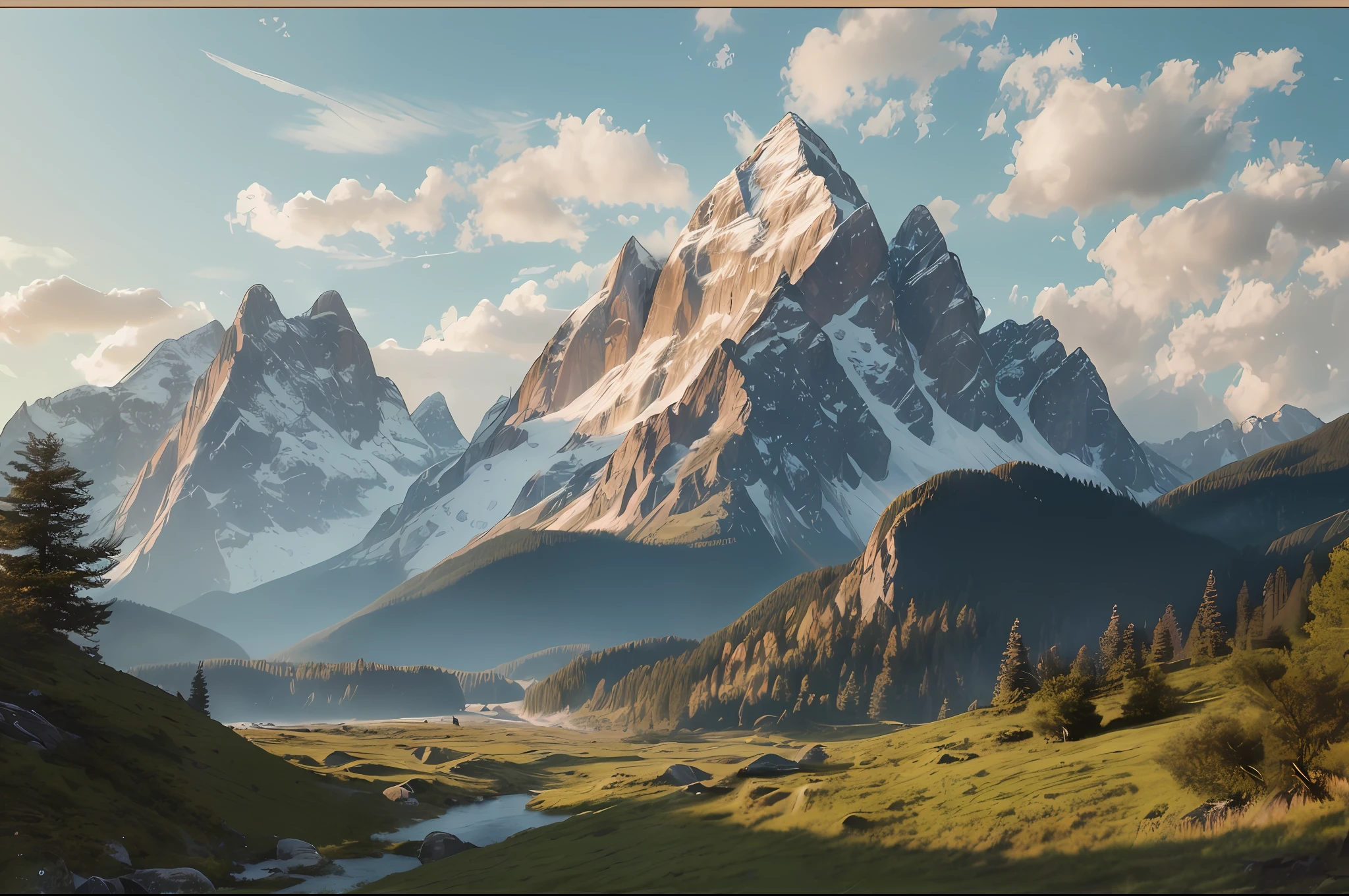 (Painting style: realistic, landscape: surrounded by mountain peaks), (main body: three high mountains, decreasing height from left to right), golden sunlight shining between the mountains, smoke clouds, detailed depiction goes deep into the texture and form of each mountain, blue sky and white clouds as contrast, trees shelter as background sound, birdsong through the clouds, overgrown weeds depict the natural ecology between mountains and forests, the lens focuses on the valley, the picture performance is delicate and rich.