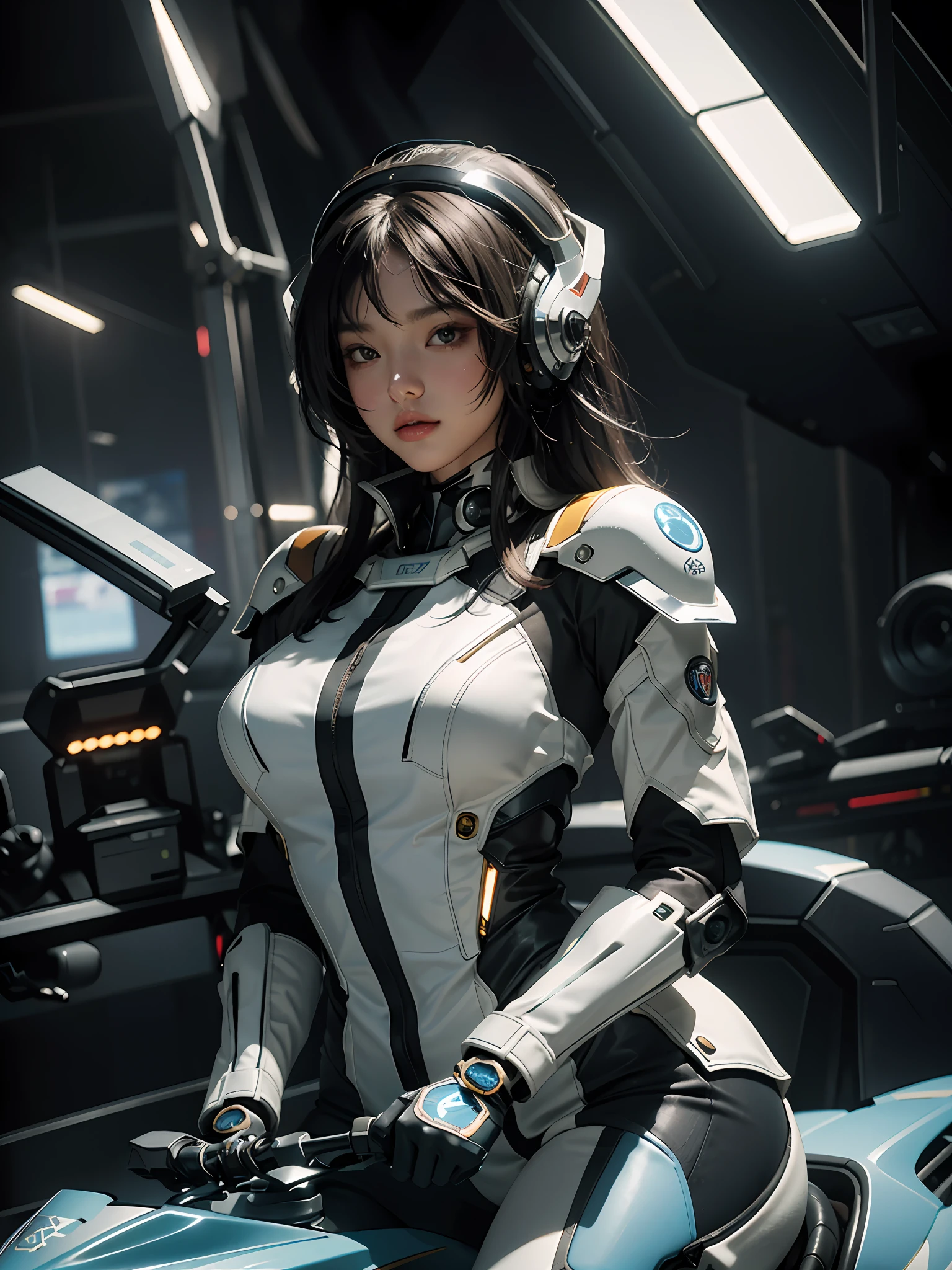 Highest image quality, outstanding details, super high resolution, (fidelity: 1.4), the best illustration, favor details, highly cohesive, 1girl, with a delicate and beautiful face, plump chest, sexy body, dressed in a gorgeous mecha, wearing a mecha helmet, holding a direction controller, riding on a motorcycle, the background is a high-tech lighting scene of the future city.