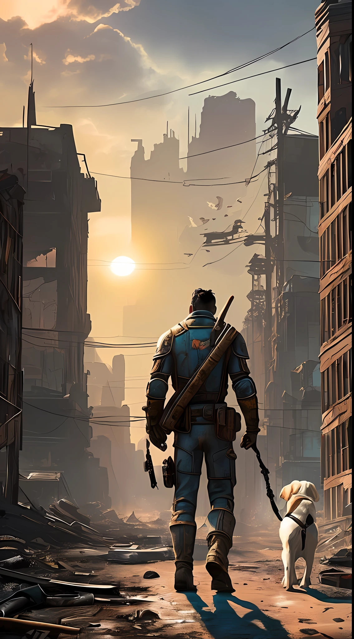 "fallout 4" + "(a man and a dog walking towards the sun in a post-apocalyptic city)" + "dark, gritty, desolate, abandoned, ruined buildings, distressed colors, dynamic angle, dusty, fire and smoke, gloomy atmosphere" --auto --s2