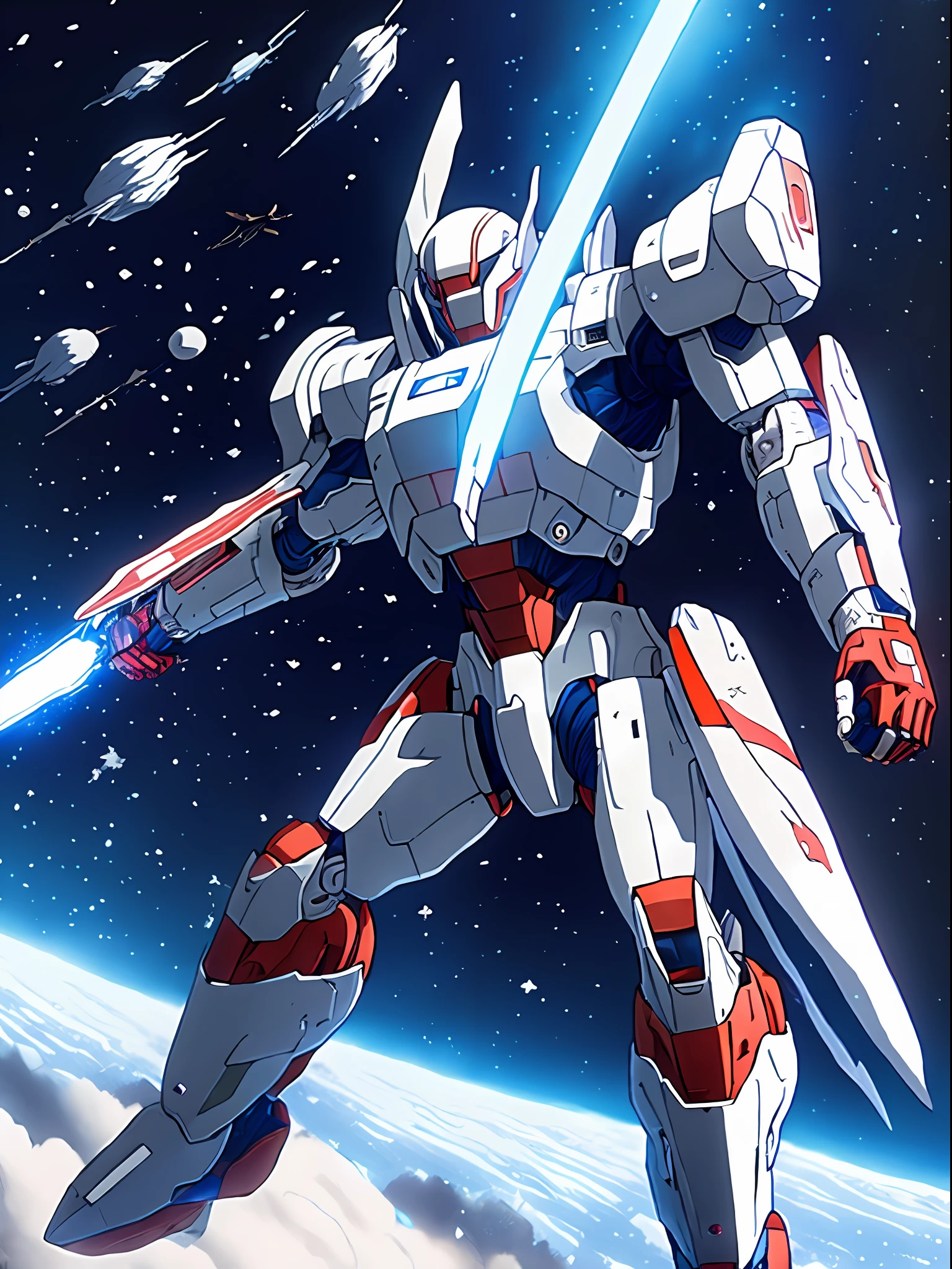 (Best quality),(masterpiece),(ultra detailed),(4k resolution),(extremely detailed) Giant mech in space, swords in hand, Tsutomu Nihei style, Sidonia no Kishi, anime, gigantism, space, futuristic style, Sci-fi, in motion, fighting, hyper detailed, laser in space, energy clots, acceleration, light flash, speed, Drawing, First-Person, 8K, HD, Super-Resolution, manga graphics