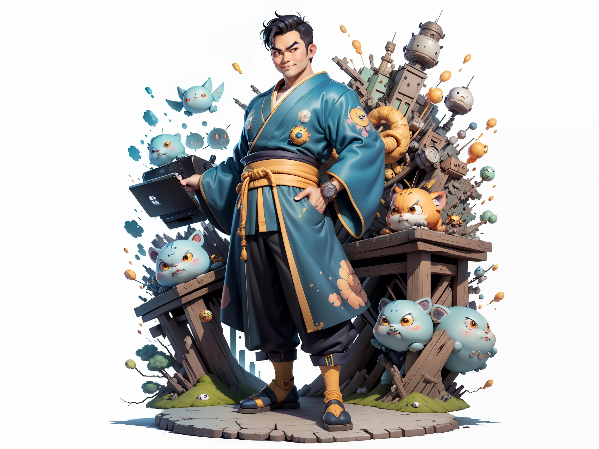 (Masterpiece), (Excellent), (Super Meticulous), (Full Body: 1.2), Super Young Man, Oriental Face, Japanese Kimono, Japanese Wind Thunder God, Dragon, Tiger, TV Anchor, Bust Portrait Illustration, Alone, Black Suit, Blue Tie, Slightly Chubby Face, Very Clean Face, No Beard, Black Super Short Hair, Black Eyes, Confident Smile, 3c Computer Sub-Products, iPad, iPhone, Digital Painting, 3D Character Design by Akira Toriyama and Mark Claireden and Pixar and Hayao Miyazaki, The illustration is a high-definition illustration in 4K resolution with very detailed facial features and cartoon-style visuals.