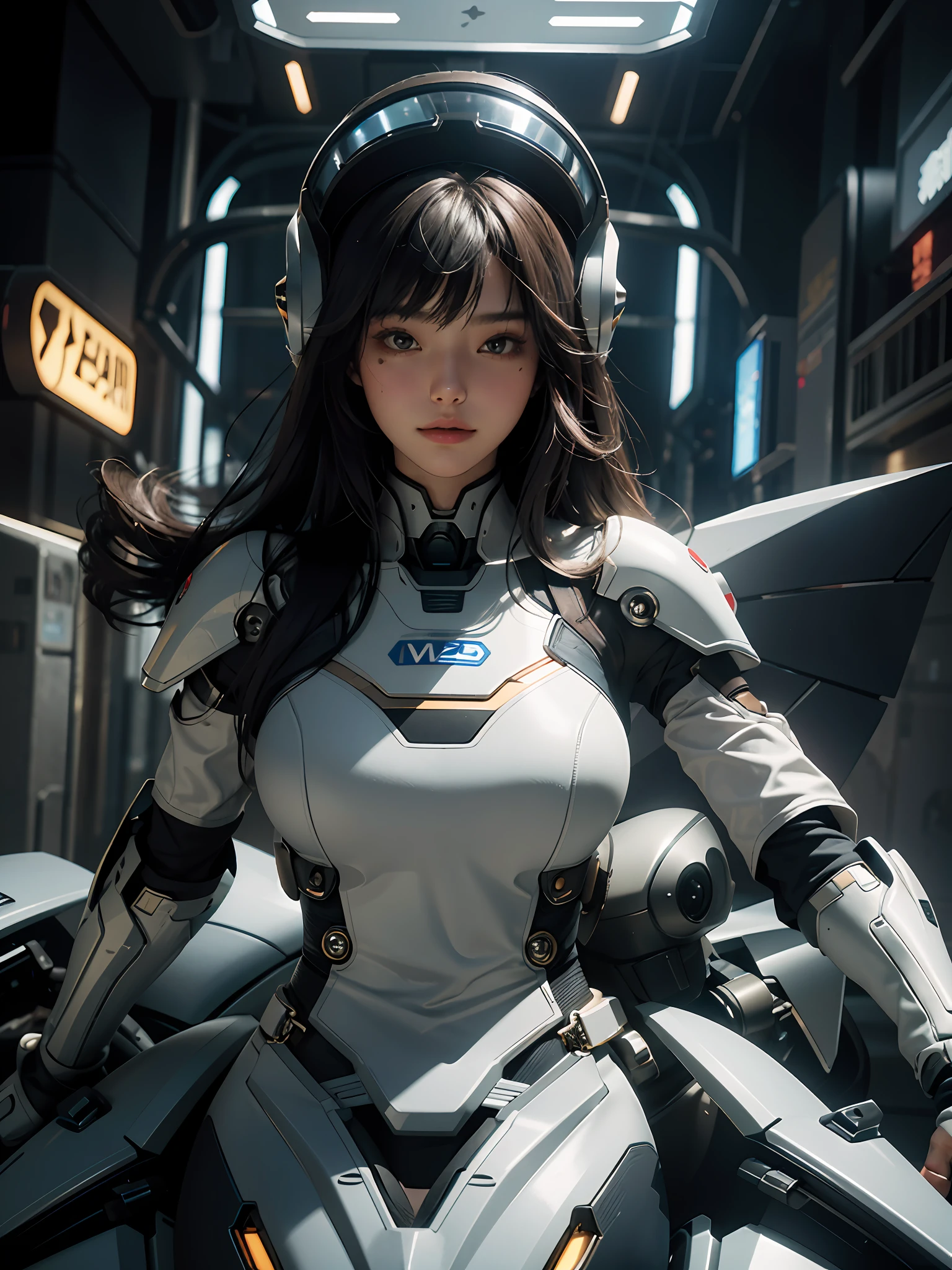 Highest image quality, outstanding details, super high resolution, (fidelity: 1.4), the best illustration, favor details, highly cohesive, 1girl, with a delicate and beautiful face, plump chest, sexy body, dressed in a gorgeous mecha, wearing a mecha helmet, holding a direction controller, riding on a motorcycle, the background is a high-tech lighting scene of the future city.