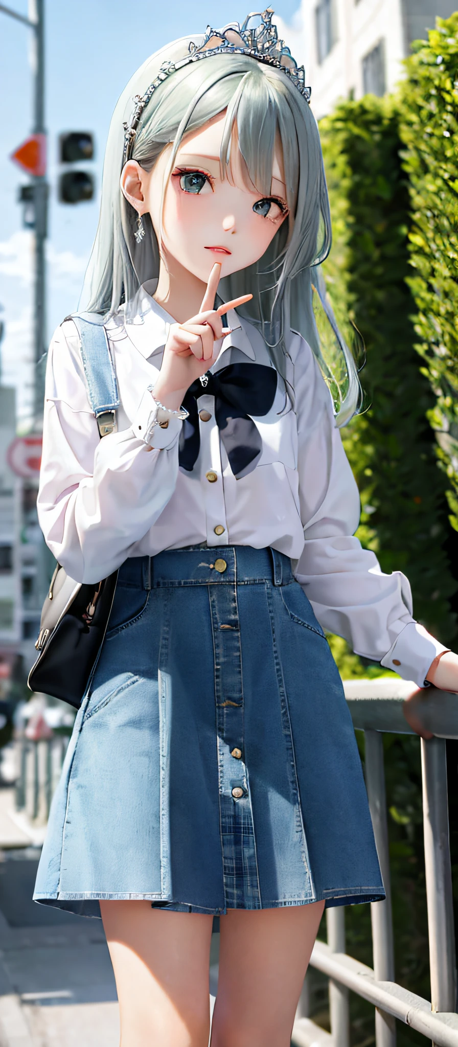 1girl, (masterpiece:1.1), (best quality:1.1), (white blouse:1.1), (plaid skirt:1.1), school uniform, high waist skirt, BREAK [blue:pink:0.5] theme, (Urban Background: 1.1), denim lens, break silver, long hair, green eyes, delicate tiara, sideways,