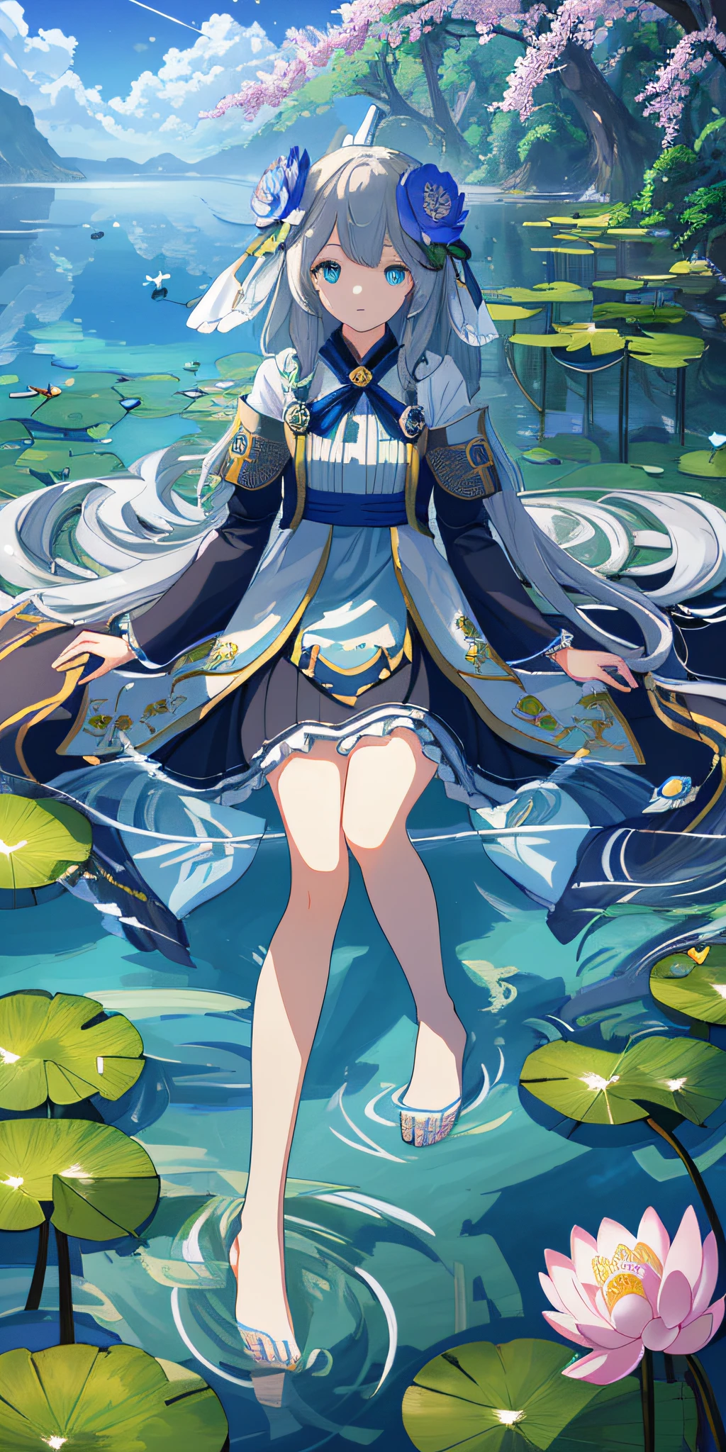 Masterpiece, best quality, (very detailed CG Unity 8k wallpaper) (best quality), (best illustration), (best shadow) nature', blue sea, lotus flowers in air light tracking, super detailed --v6