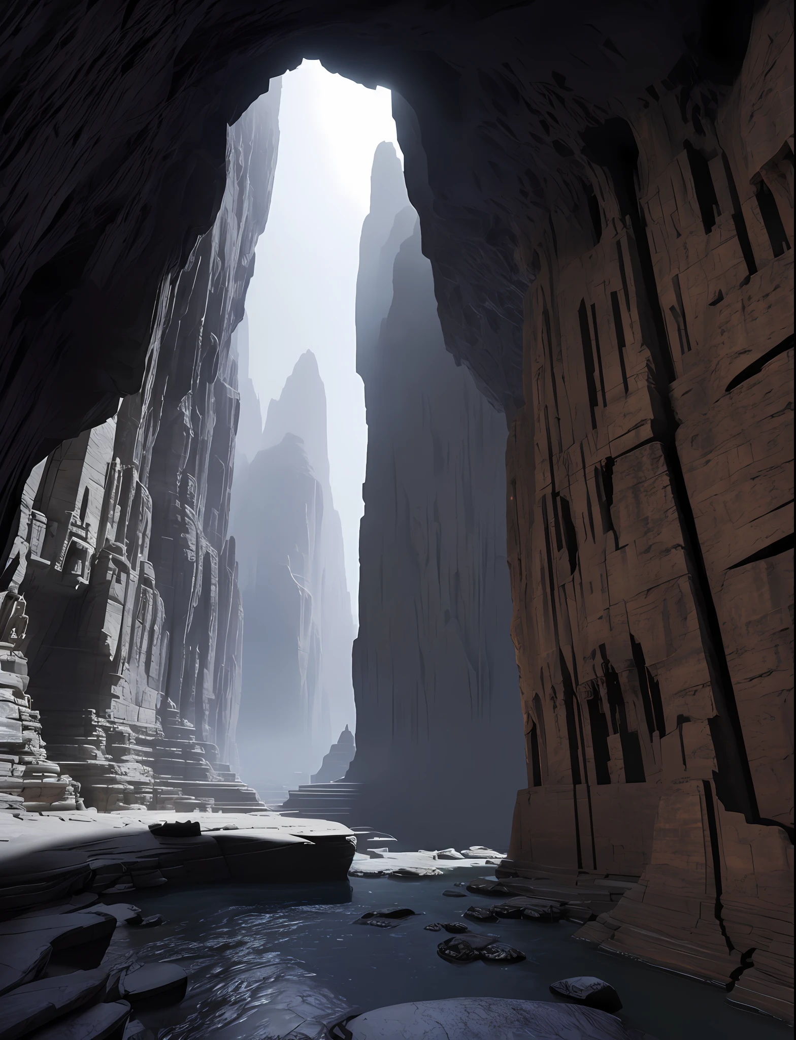 stunning city of stone inside a gray granite canyon, fusion of star wars and gothic revival architecture, by marc simonetti, natural volumetric lighting, realistic 8k octane beautifully detailed render, 8k post-processing, no people, hyper realistic, super detailed, 8k uhd, dslr, soft lighting, high quality