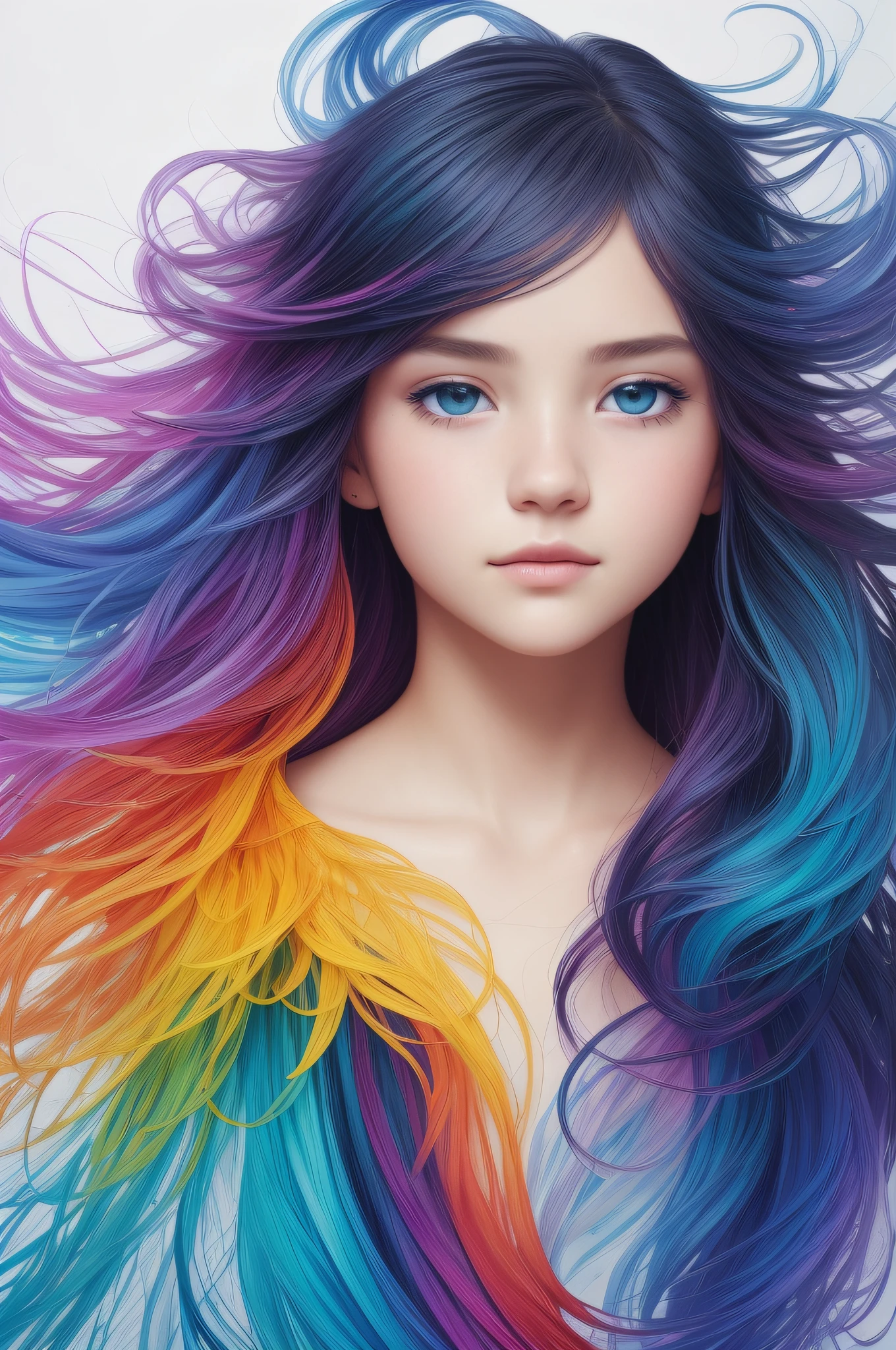 Colorful beautiful girl: a giru 8-years old, messy hair, oil painting, nice perfect face with soft skinice perfect face, blue yellow colors, light purple and violet additions, light red additions, intricate detail, splash screen, 8k resolution, masterpiece, cute face,artstation digital painting smooth veryBlack ink flow: 8k resolution photorealistic masterpiece: intricately detailed fluid gouache painting: by Jean Baptiste Mongue: calligraphy: acrylic: watercolor art, professional photography, natural lighting, volumetric lighting maximalist photoillustration: by marton bobzert:, complex, elegant, expansive, fantastical, wavy hair, vibrant