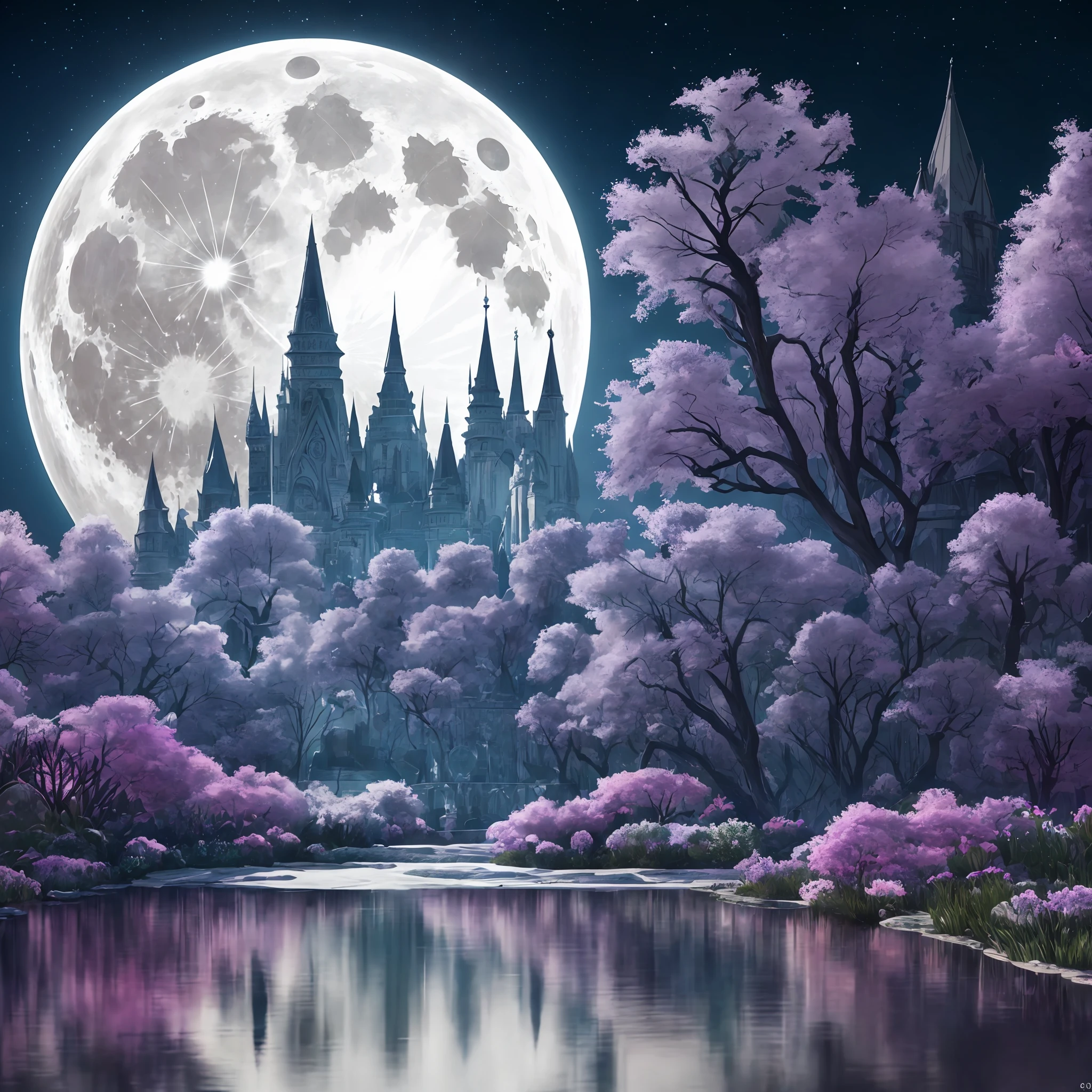 glass soil, crystal castle, moonlit night, clear and large moon, moon reflection, beautiful landscape, bloom, bright horizon, masterpiece, best quality, detailed 8k wallpaper, award-winning art, Depth of Field, HDR, bloom, Chromatic Aberration, extremely detailed, trend in artstation, trend in CGsociety, dramatic
