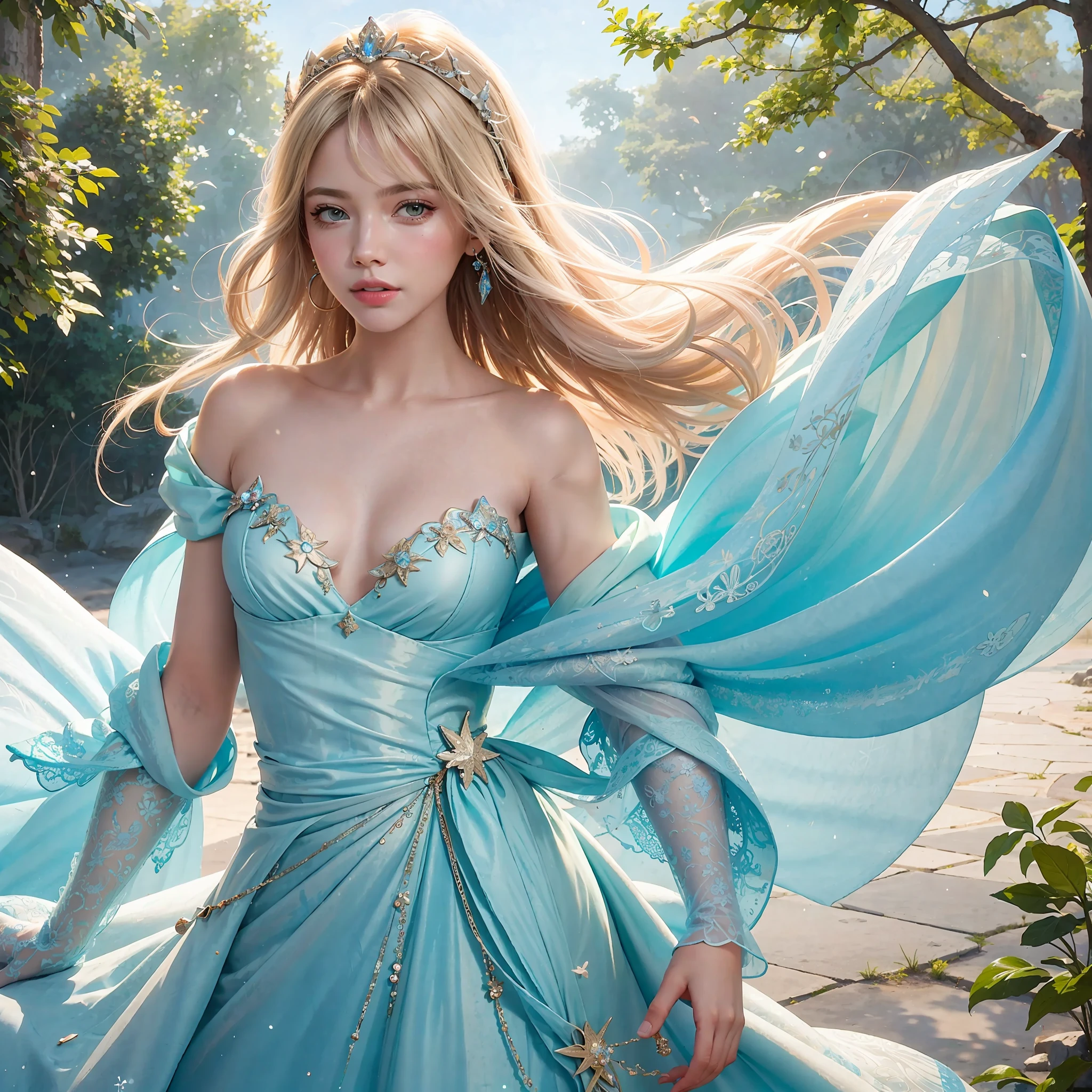 a photography, HD,, photo, woman, beautiful dress ornate, mdjrny-v5, style portrait of a gorgeous blond female in the style of stefan kostic, realistic, half body shot, sharp focus, 8 k high definition, insanely detailed, intricate, elegant, art by stanley lau and artgerm, extreme blur flames background, Princess girl with wing, Blue, Pastel, glitter, dramatic, dreamy, pastel, Watercolor, Whimsical, Delicate, seashell crown, Trending on Artstation, Highly detailed, Intricate, Portrait, digital painting, Fantasy theme, Fantasy robes, Fantasy concept art, Fantasy character art, Smug, Teenage girl, perfect body, full body, dreamy, pastel, Watercolor, Whimsical, Delicate, seashell crown masterpiece, 8k, perfect lighting, , adult, female, cowboy shot, looking at viewer, cinematic lighting, Fawn