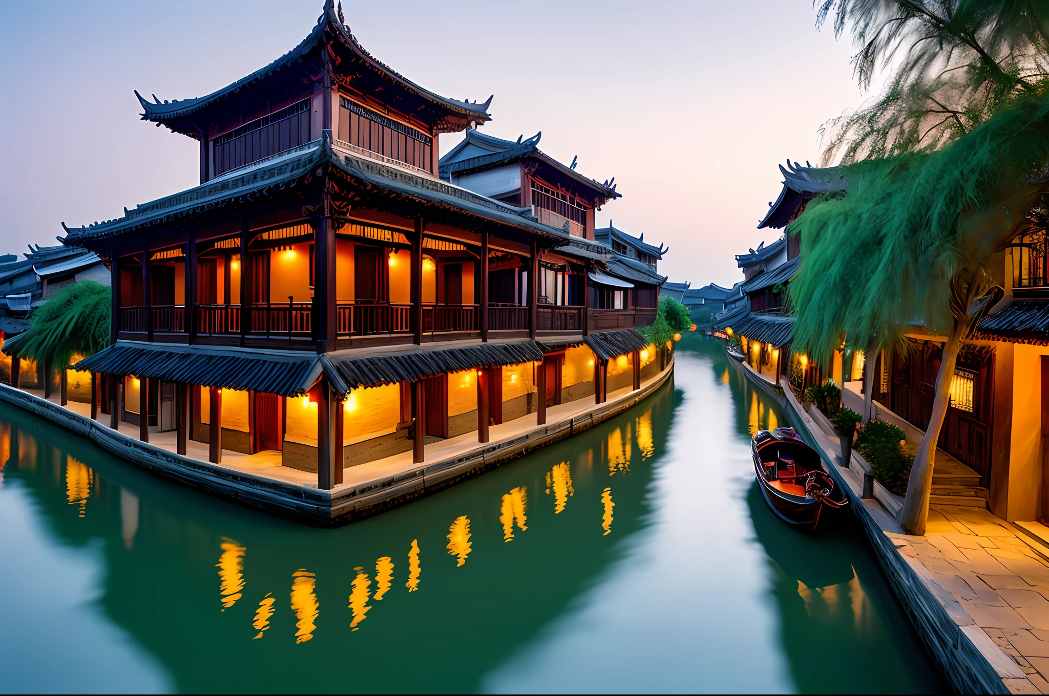 Aravedid view of the canal with buildings and lights, Zhouzhuang ancient town, dreamy Chinese town, beautiful rendering of the Tang Dynasty, by Yu Zhiding, Ni Yuanlu, Guangjian, 2 4mm wide angle, Hangzhou, Today's Featured Photo 4K , ancient Chinese architecture, wonderful, panorama