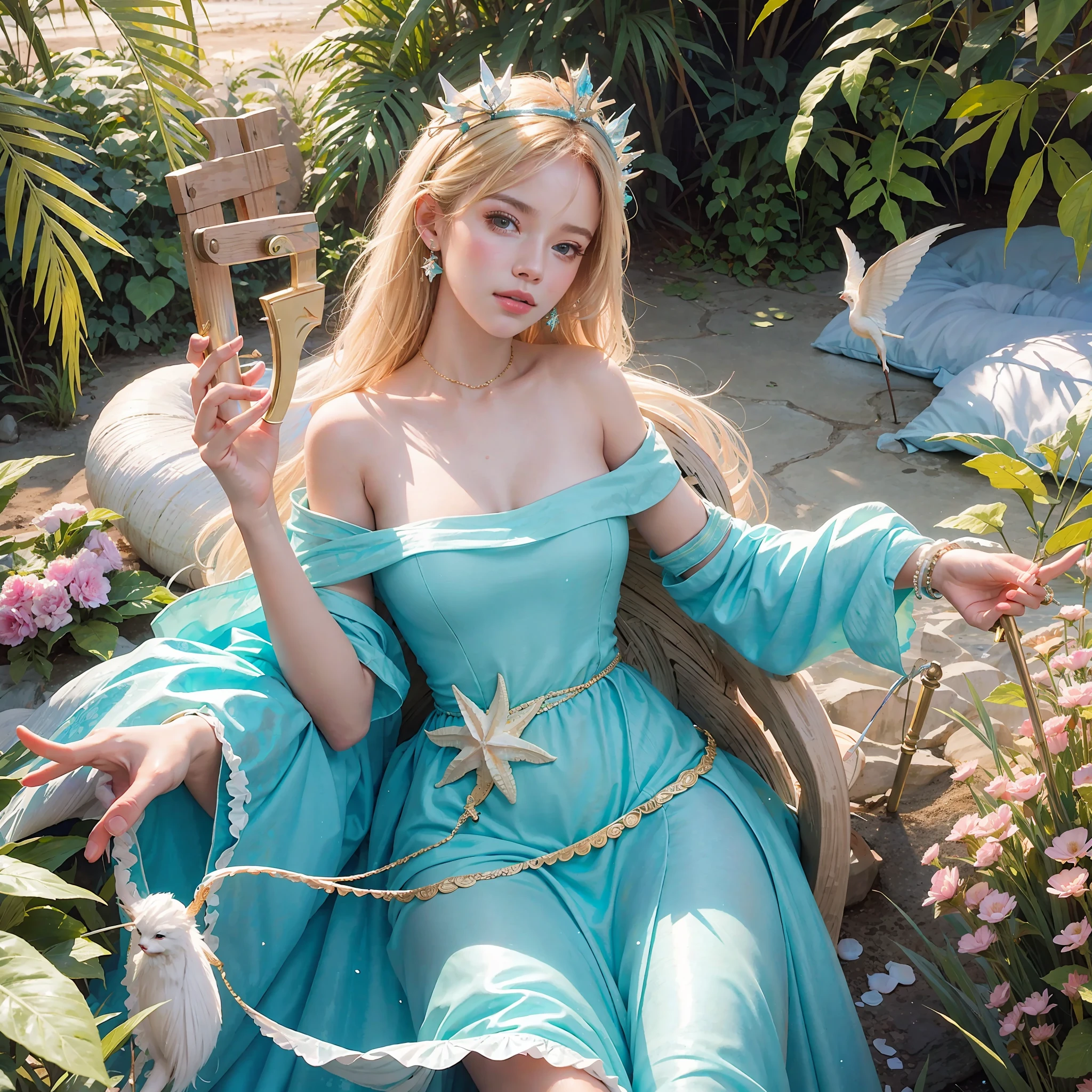a photography, HD,, photo, woman, beautiful dress ornate, mdjrny-v5, style portrait of a gorgeous blond female in the style of stefan kostic, realistic, half body shot, sharp focus, 8 k high definition, insanely detailed, intricate, elegant, art by stanley lau and artgerm, extreme blur flames background, Princess girl with wing, Blue, Pastel, glitter, dramatic, dreamy, pastel, Watercolor, Whimsical, Delicate, seashell crown, Trending on Artstation, Highly detailed, Intricate, Portrait, digital painting, Fantasy theme, Fantasy robes, Fantasy concept art, Fantasy character art, Smug, Teenage girl, perfect body, full body, dreamy, pastel, Watercolor, Whimsical, Delicate, seashell crown masterpiece, 8k, perfect lighting, , adult, female, cowboy shot, looking at viewer, cinematic lighting, Fawn