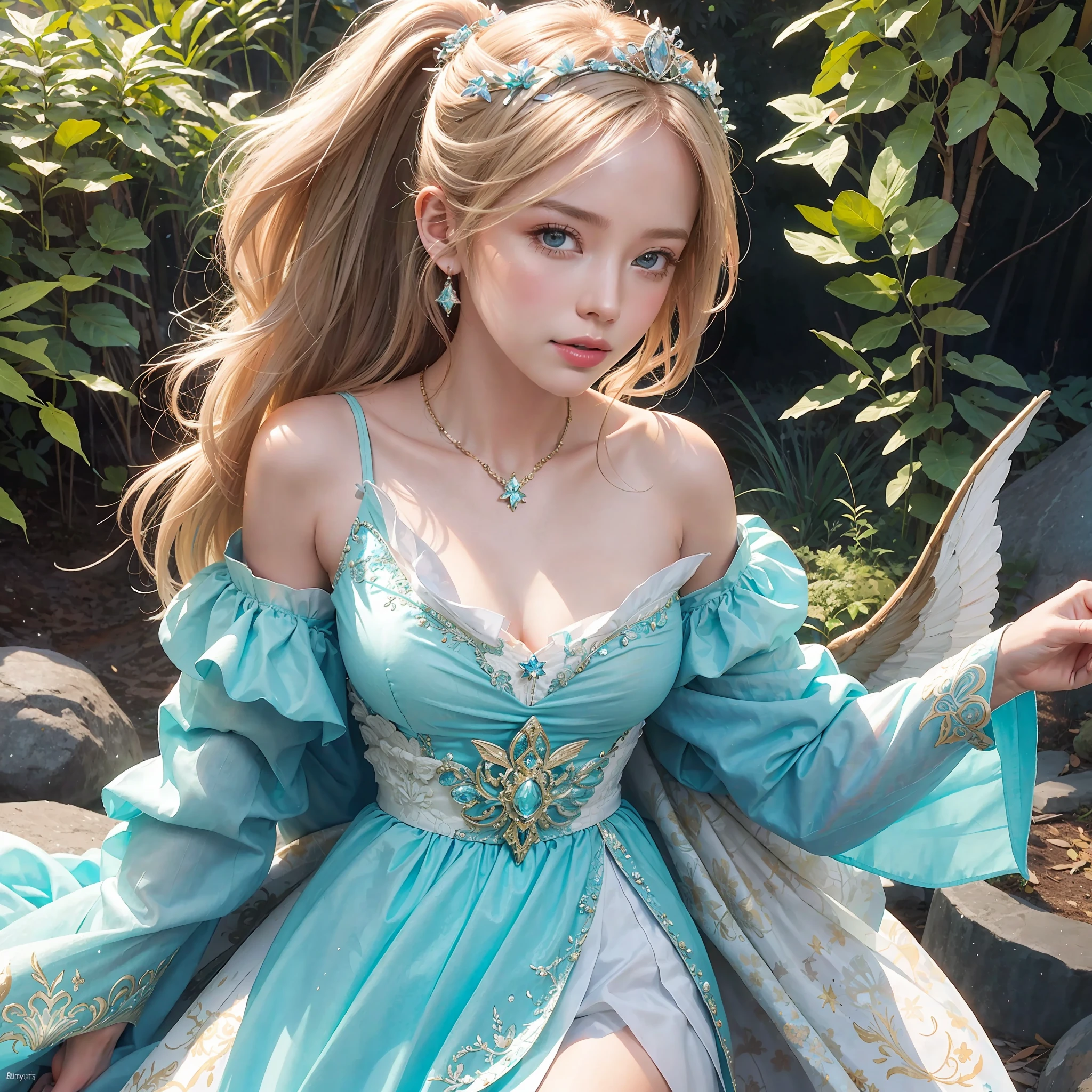 a photography, HD,, photo, woman, beautiful dress ornate, mdjrny-v5, style portrait of a gorgeous blond female in the style of stefan kostic, realistic, half body shot, sharp focus, 8 k high definition, insanely detailed, intricate, elegant, art by stanley lau and artgerm, extreme blur flames background, Princess girl with wing, Blue, Pastel, glitter, dramatic, dreamy, pastel, Watercolor, Whimsical, Delicate, seashell crown, Trending on Artstation, Highly detailed, Intricate, Portrait, digital painting, Fantasy theme, Fantasy robes, Fantasy concept art, Fantasy character art, Smug, Teenage girl, perfect body, full body, dreamy, pastel, Watercolor, Whimsical, Delicate, seashell crown masterpiece, 8k, perfect lighting, , adult, female, cowboy shot, looking at viewer, cinematic lighting, Fawn