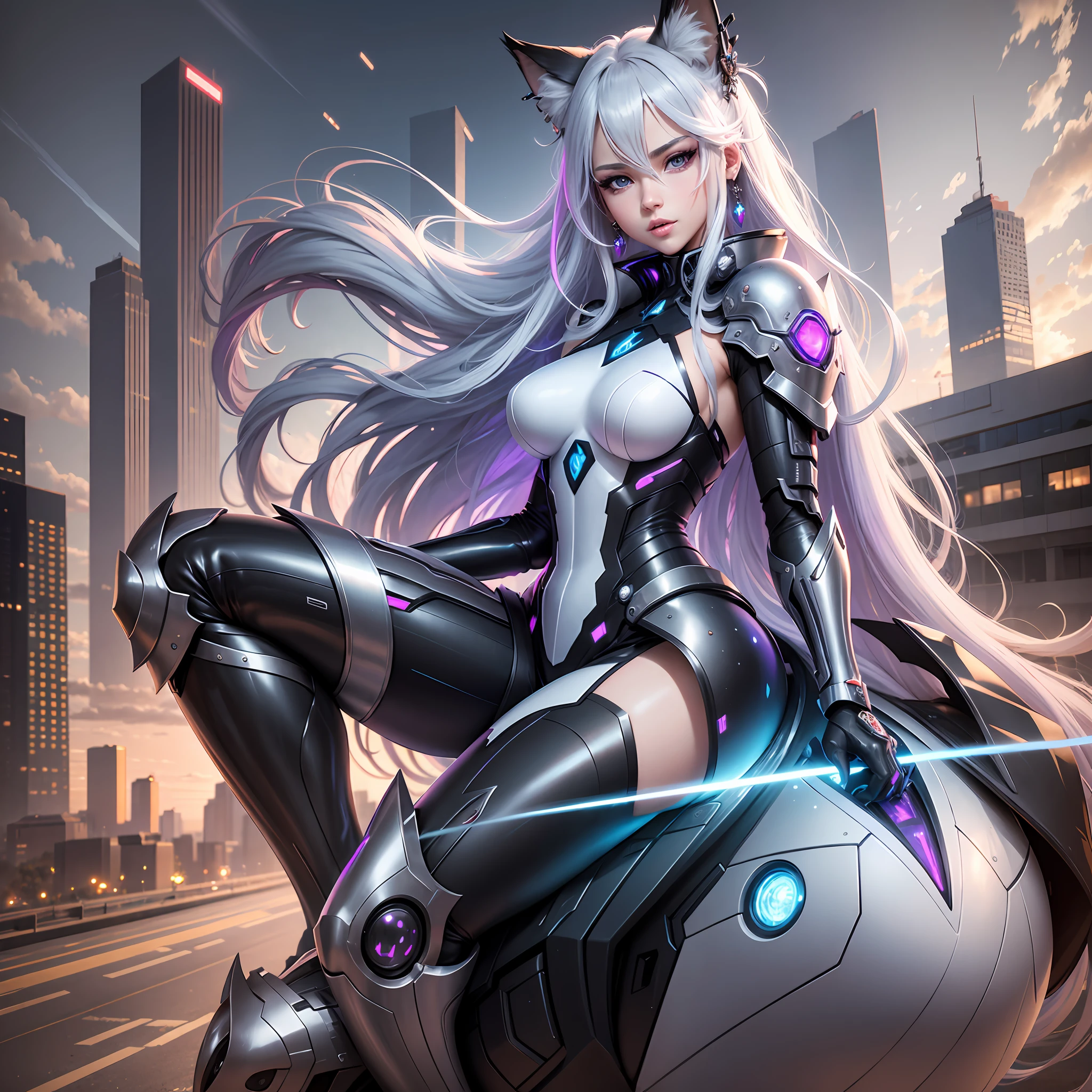 Life like sexy anime cyborg cat girl with long white hair and blue eyes, full body portrait, white and black battle dress, life like characteristics,ultra realism, Soft smile, riding a mystical black dragon,apocalyptic background, naughty pose, hyper realistic, 3 d anime realistic, advanced digital anime art,extremely detailed art germ, 8k high quality detailed art, solo,full body portrait, amazing beauty,, dynamic pose, delicate face, vibrant eyes, (from the front), silver hair, streaked hair, very long hair, expressive hair, multicolored eyes, aqua eyes, purple eyes, fox ears,heart earrings, earrings, light smile, shy, blush, parted lips, licking lips, heavy breathing, naughty face, naughty, sparkle, god rays, super detail, high quality, anatomically correct, textured skin, best quality,full body portrait,silver wolf,seen from below,guweiz on artstation pixiv, resolution 4098x2160, 8k --auto --s2