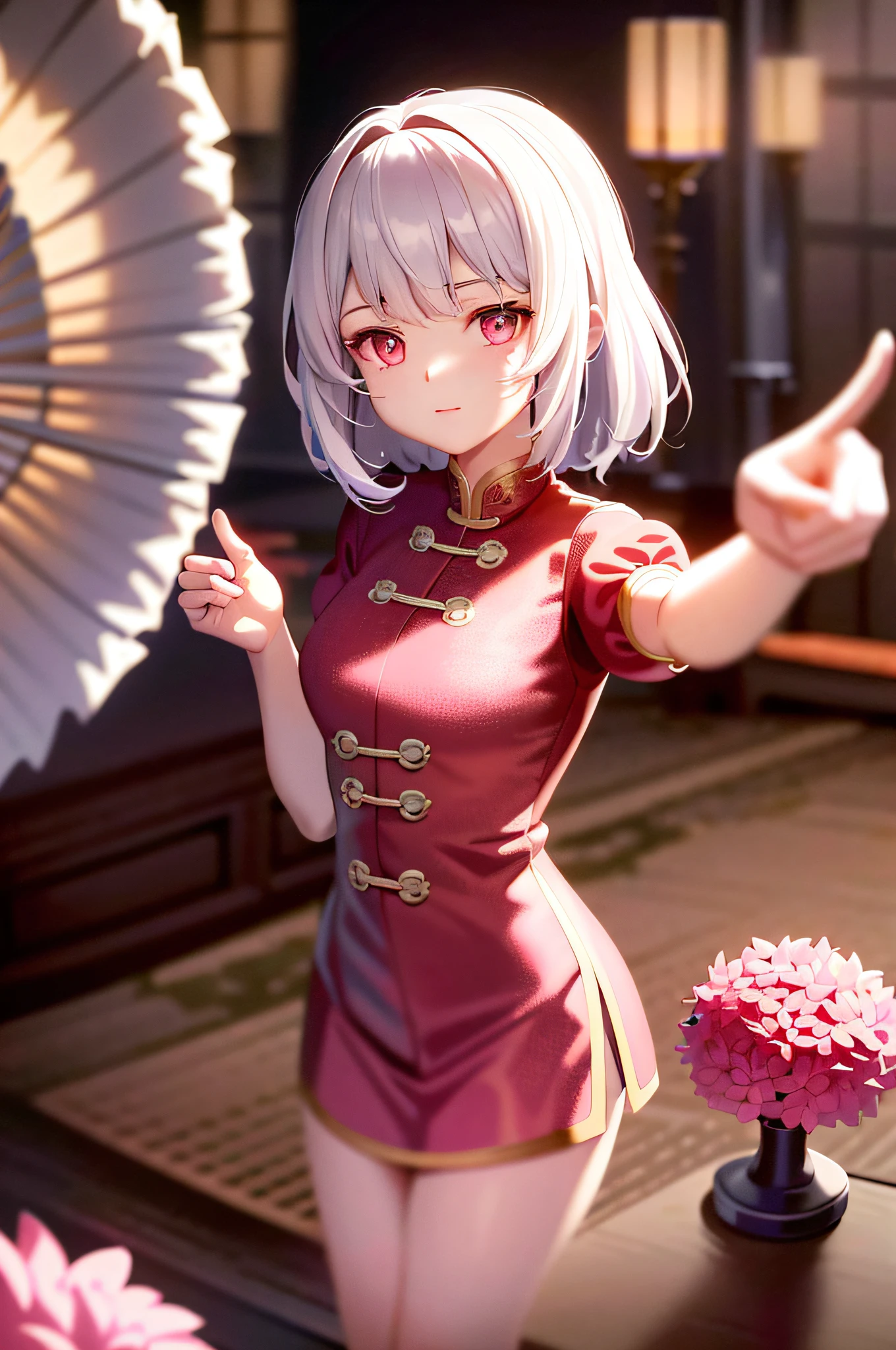Xiao Qiao is a Maga heroine in Honor of Kings, white hair, bangs, chiquinha with pink pompom, pink giant fan with wooden detail, pink  dress, (super detail)), 4K unit, (highly detailed CG: 1.2), (8k: 1.1), high resolution), (illustration: 1.1), (cinematic light: 1.1), fine-grained, intricate detail, (best illustration), 8K resolution, intricate detail, highest quality,  , ultra detail, better lighting, better shadows, UltraHD, detailed reflections, detailed shadows, ((Complex detail)), smooth, ((Perfect shading)),