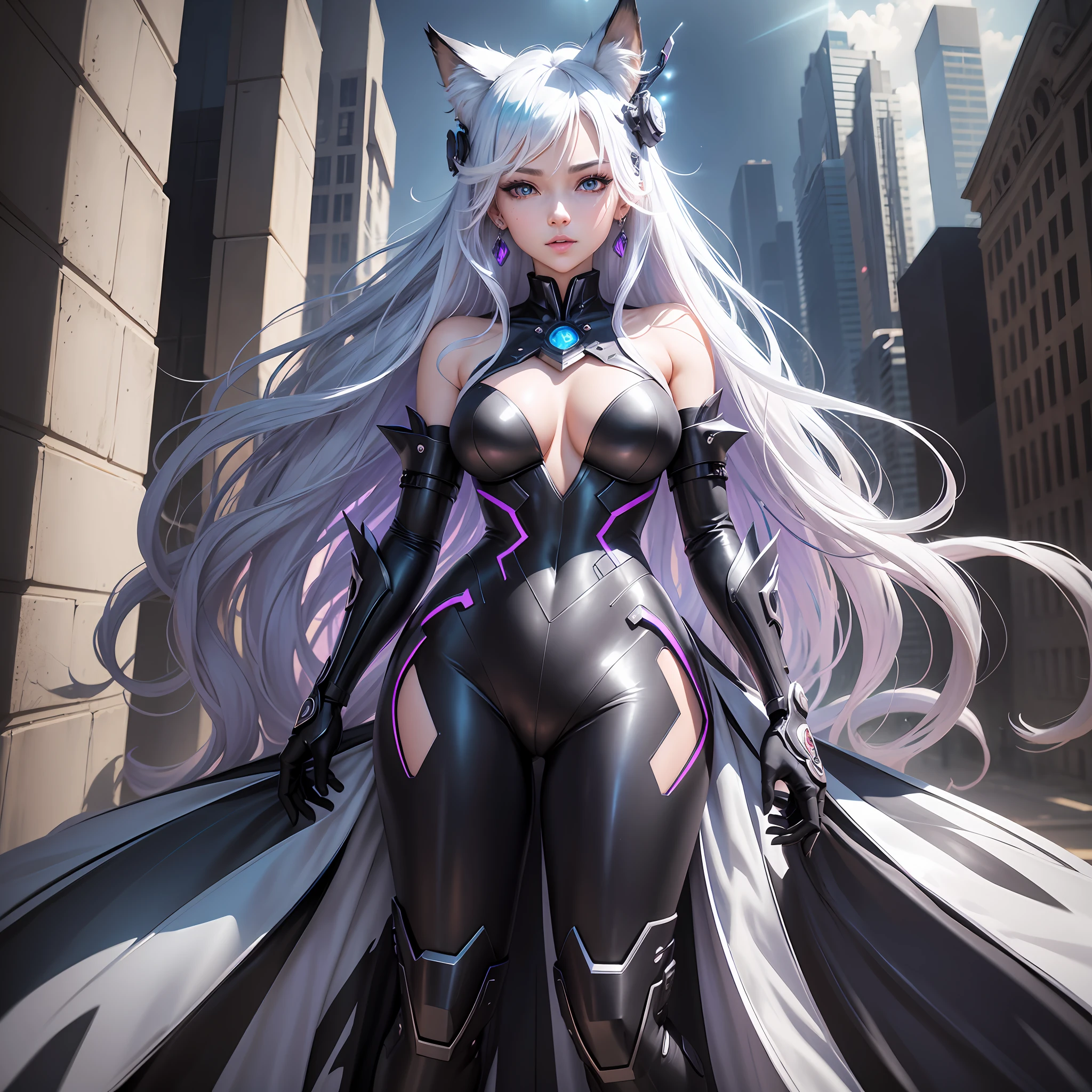 Life like sexy anime cyborg cat girl with long white hair and blue eyes, full body portrait, white and black battle dress, life like characteristics,ultra realism, Soft smile, riding a mystical black dragon,apocalyptic background, naughty pose, hyper realistic, 3 d anime realistic, advanced digital anime art,extremely detailed art germ, 8k high quality detailed art, solo,full body portrait, amazing beauty,, dynamic pose, delicate face, vibrant eyes, (from the front), silver hair, streaked hair, very long hair, expressive hair, multicolored eyes, aqua eyes, purple eyes, fox ears,heart earrings, earrings, light smile, shy, blush, parted lips, licking lips, heavy breathing, naughty face, naughty, sparkle, god rays, super detail, high quality, anatomically correct, textured skin, best quality,full body portrait,silver wolf,seen from below,guweiz on artstation pixiv, resolution 4098x2160, 8k --auto --s2