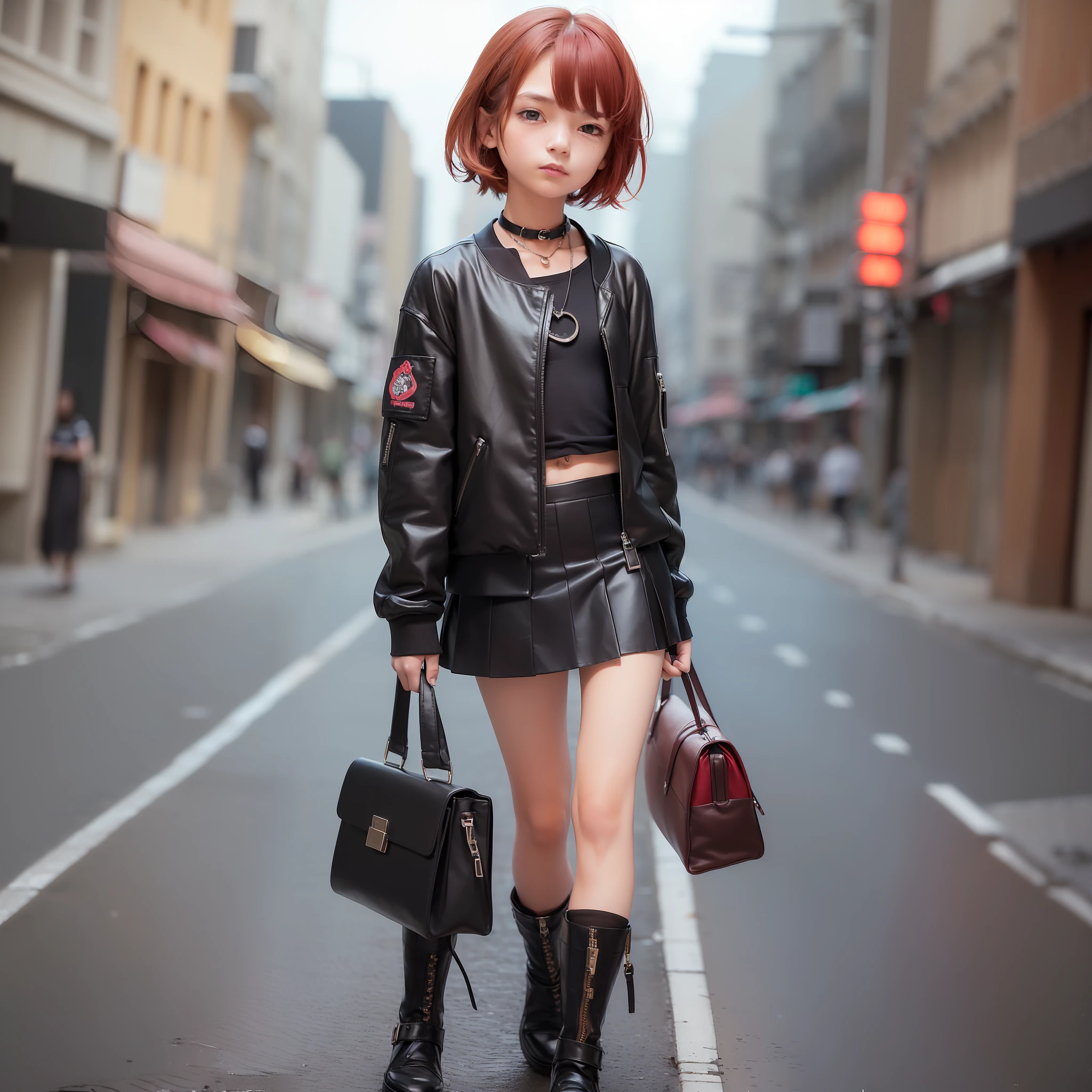 1 girl, ((small chest, mischievous tomboyish girls, small head)), (chiselled abdomen: 1.1), (perfect small body: 1.1), (short wavy hair: 1.2), red hair, collar, chain, full body photo, busy street, wearing short transparent black watering, ((short open skirt skirt, open zipper)),