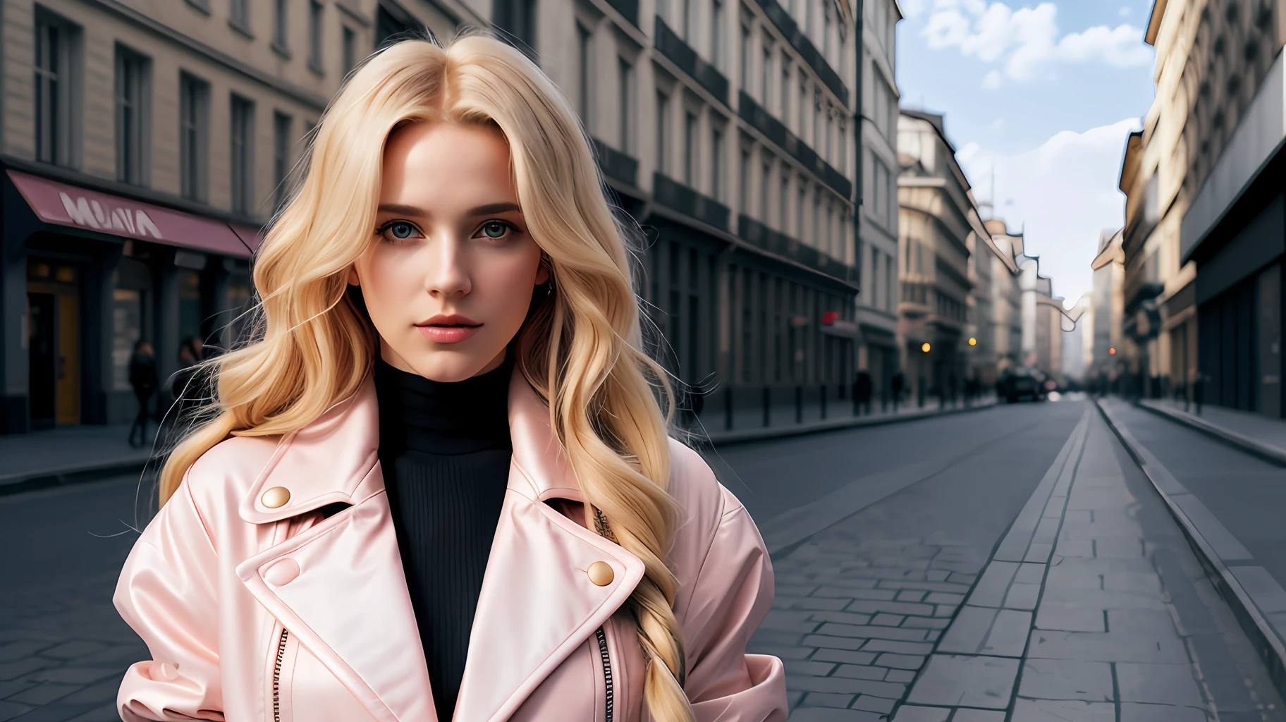 A woman with blond and pink long hair, in the coat is posing for a fashion picture, in the style of neoclassical symmetry, french realism, leica m10, wavy, monochrome portraits, portraitist extraordinaire, 8k resolution, Award Winning Photography style, in the style of hyperrealism and photorealism, uhd image, zbrush, soft-focused realism, sailor moon, city streets background, ((cinematic))